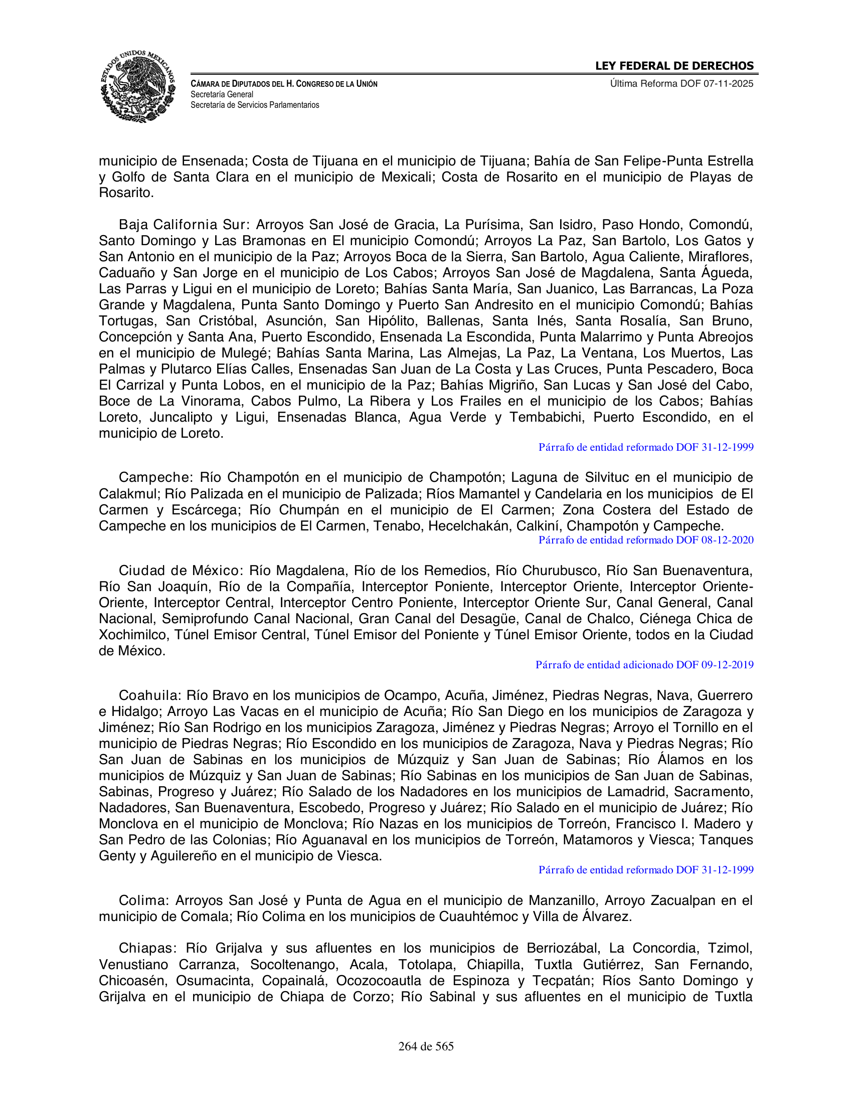 Ley Federal de Derechos — official Chamber compilation — original physical page 264 of 565; complete original page image governs, native search text may be incomplete.