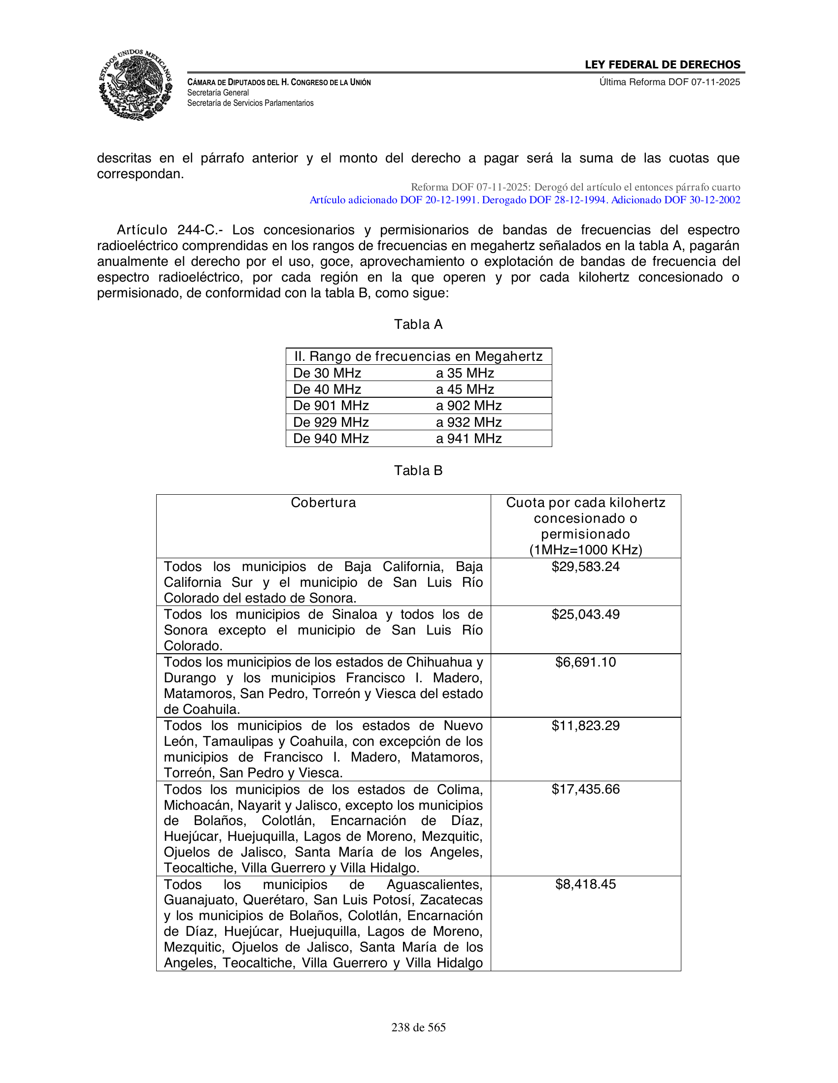 Ley Federal de Derechos — official Chamber compilation — original physical page 238 of 565; complete original page image governs, native search text may be incomplete.