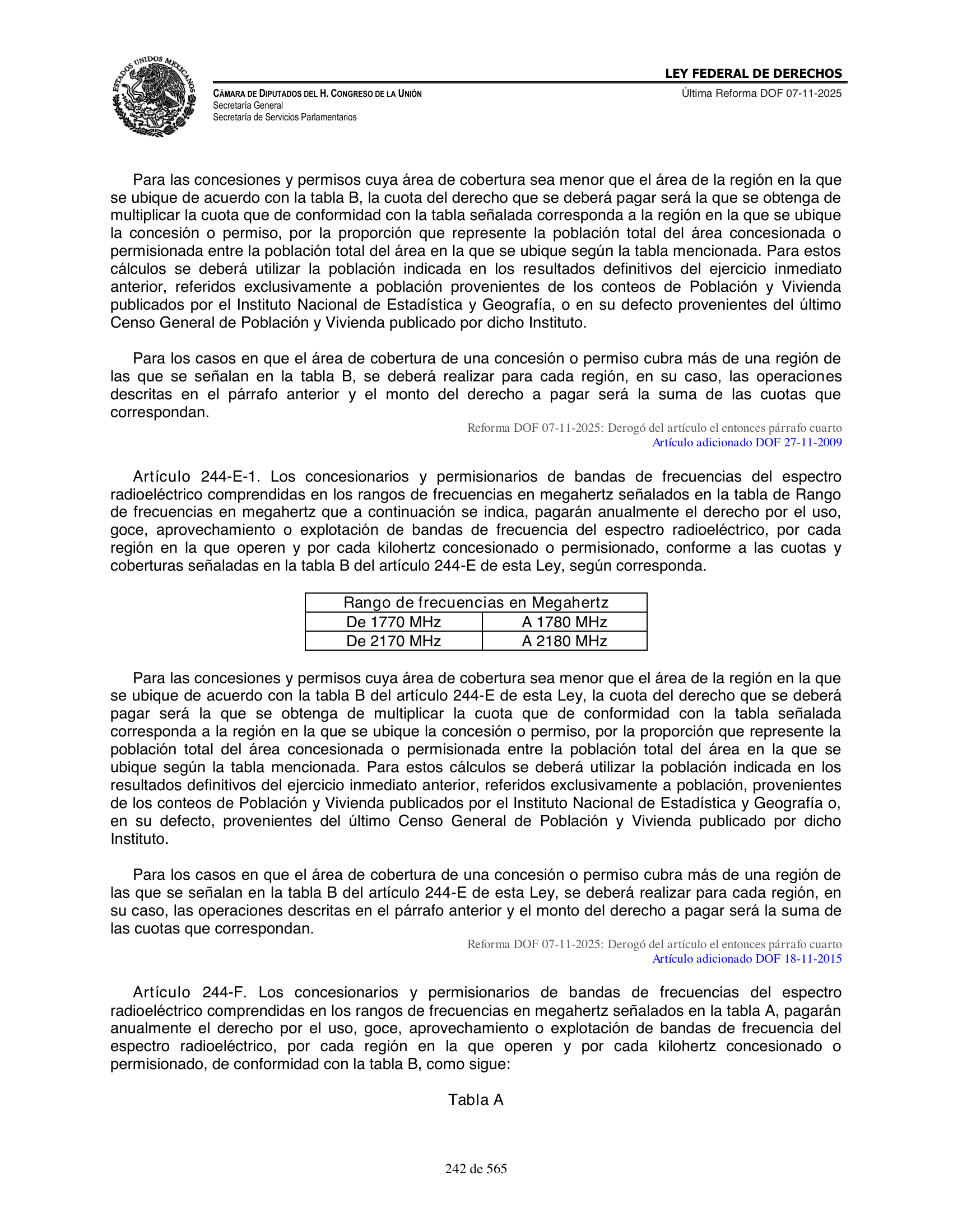 Ley Federal de Derechos — official Chamber compilation — original physical page 242 of 565; complete original page image governs, native search text may be incomplete.