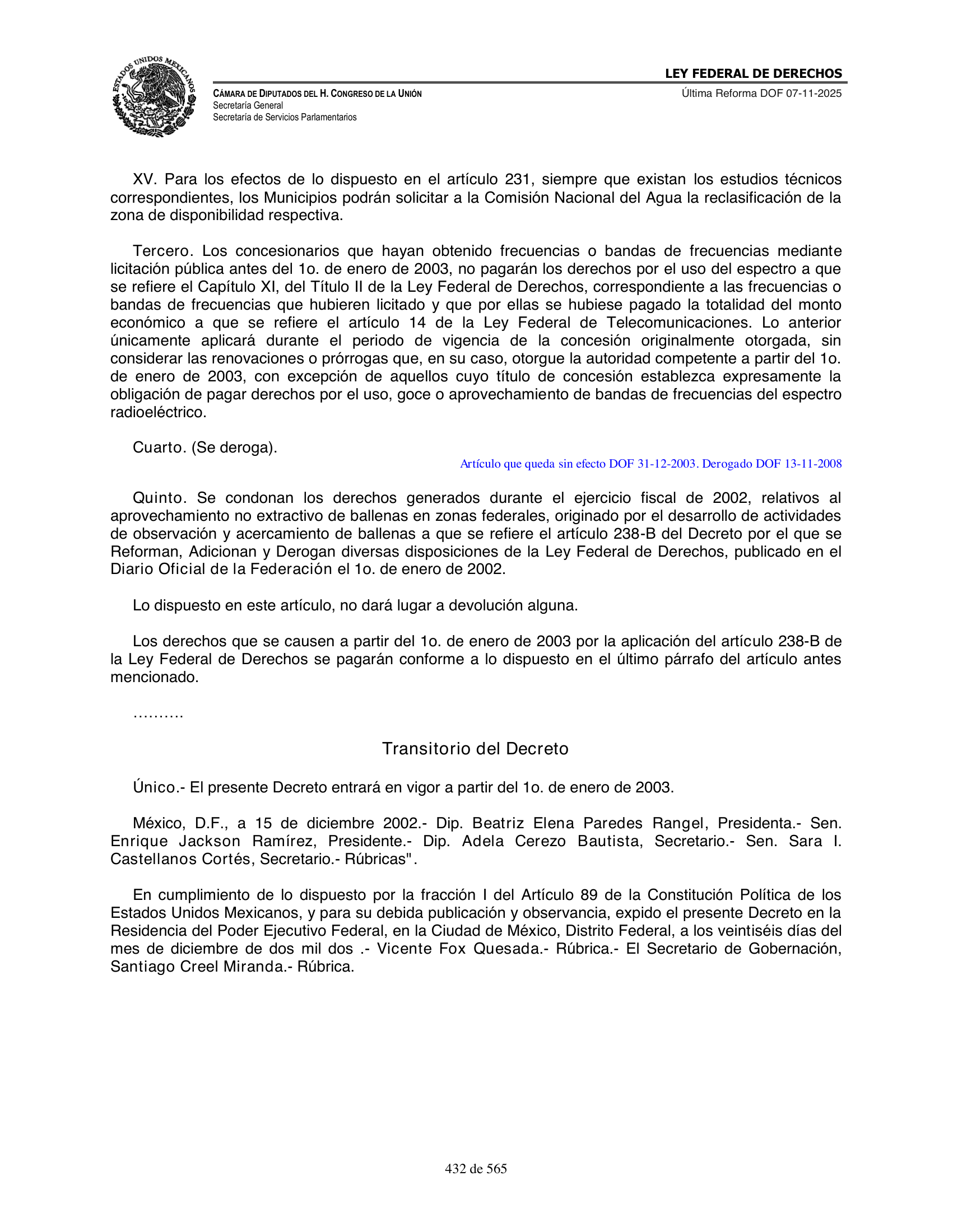 Ley Federal de Derechos — official Chamber compilation — original physical page 432 of 565; complete original page image governs, native search text may be incomplete.