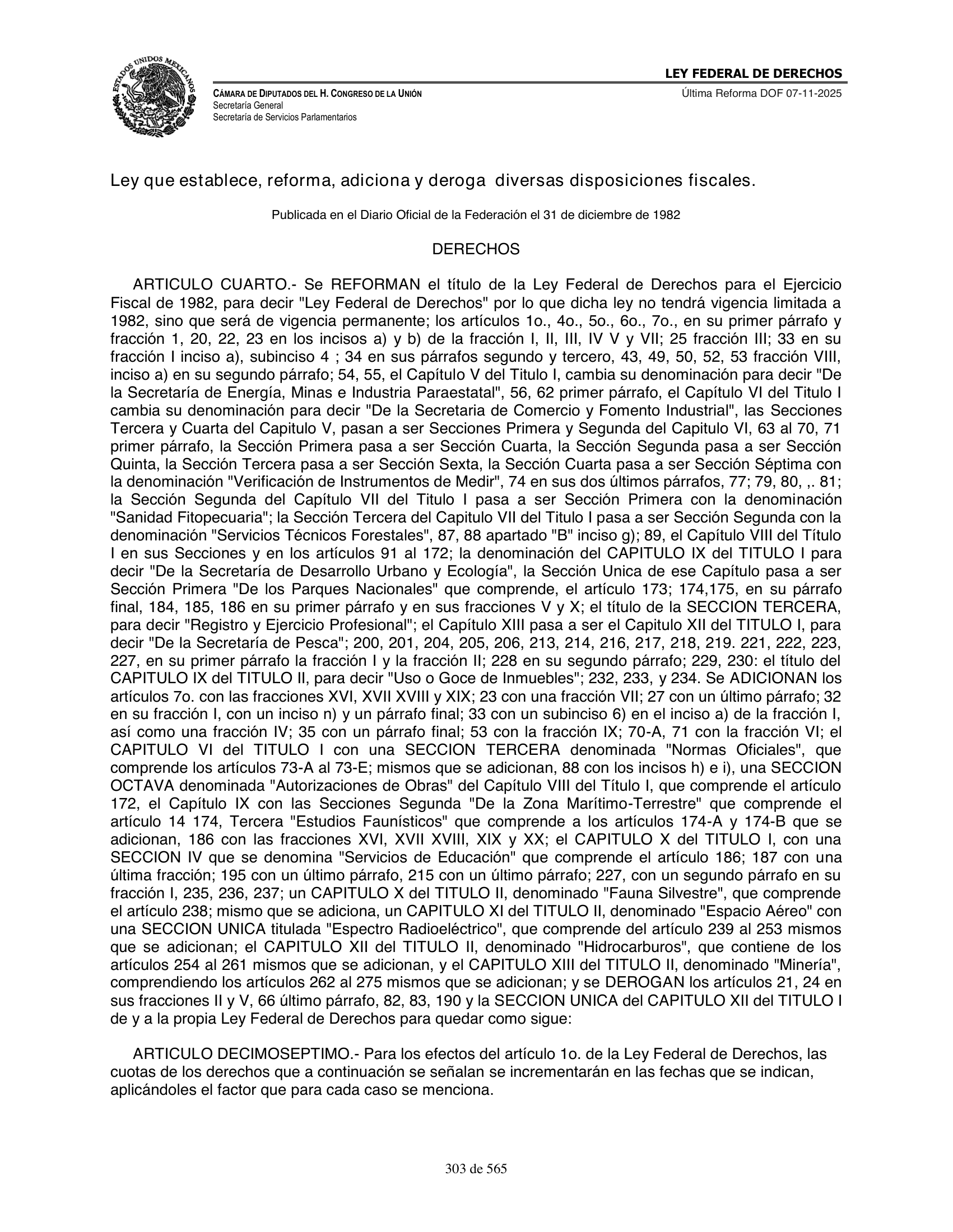 Ley Federal de Derechos — official Chamber compilation — original physical page 303 of 565; complete original page image governs, native search text may be incomplete.