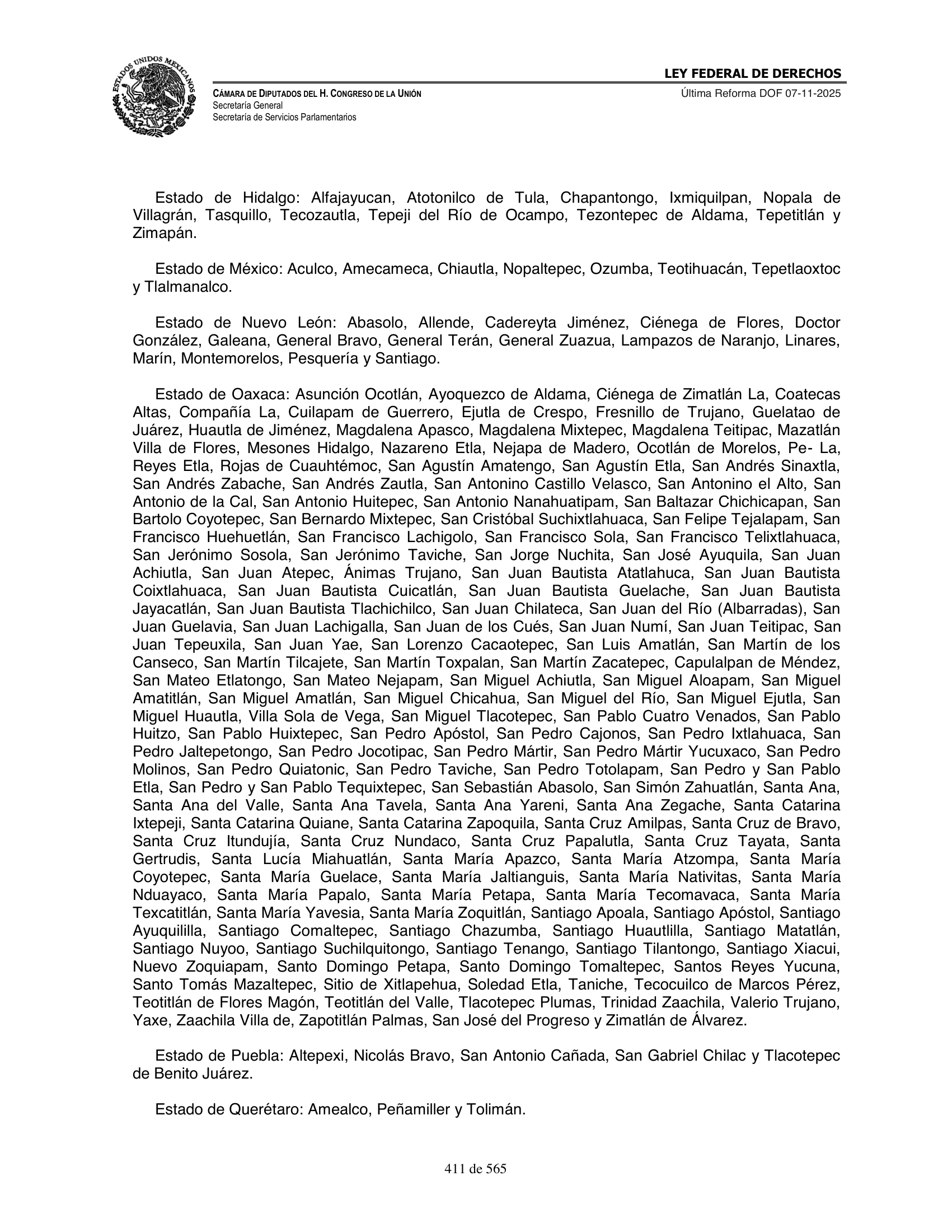 Ley Federal de Derechos — official Chamber compilation — original physical page 411 of 565; complete original page image governs, native search text may be incomplete.