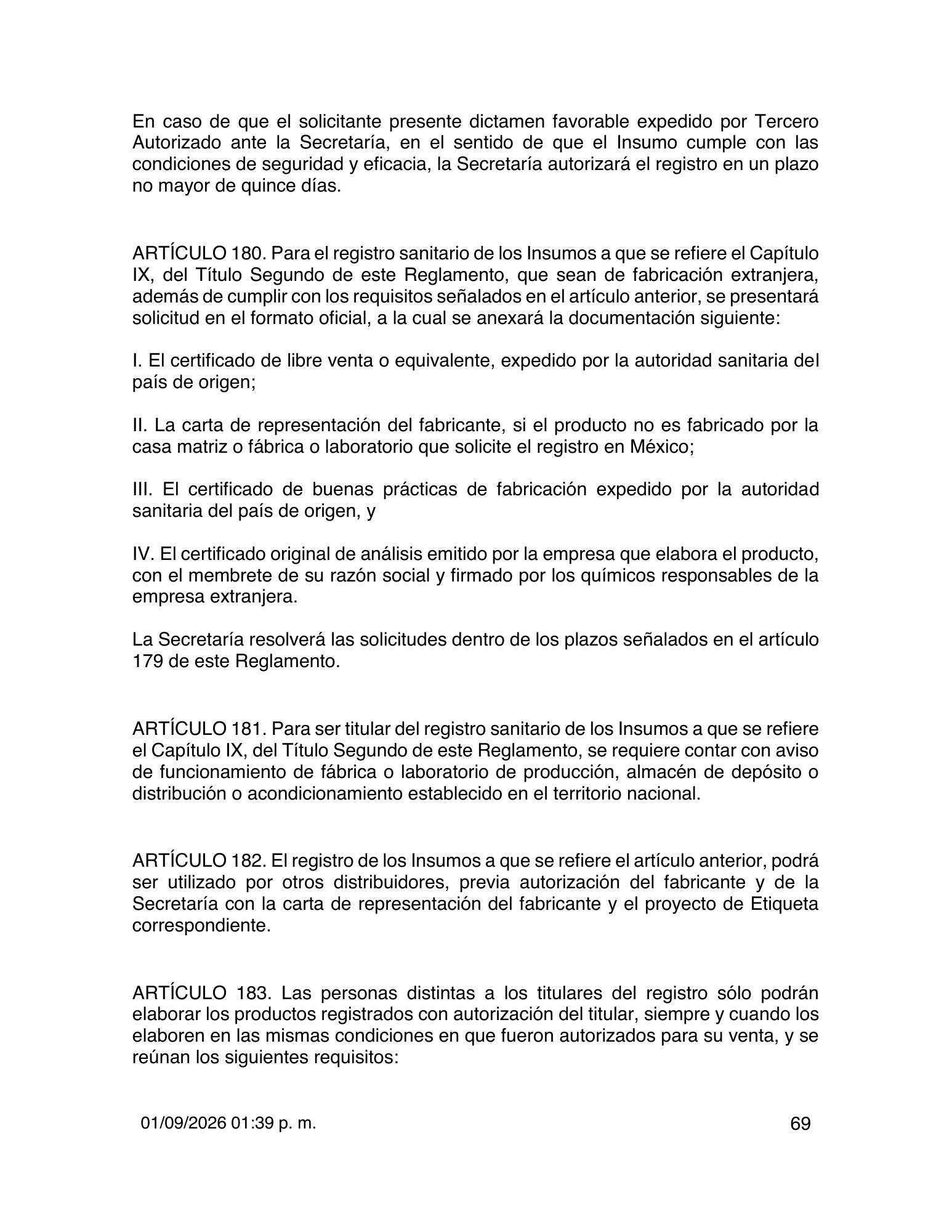 Reglamento de Insumos para la Salud — 2026 compiled expression — official PDF page 69