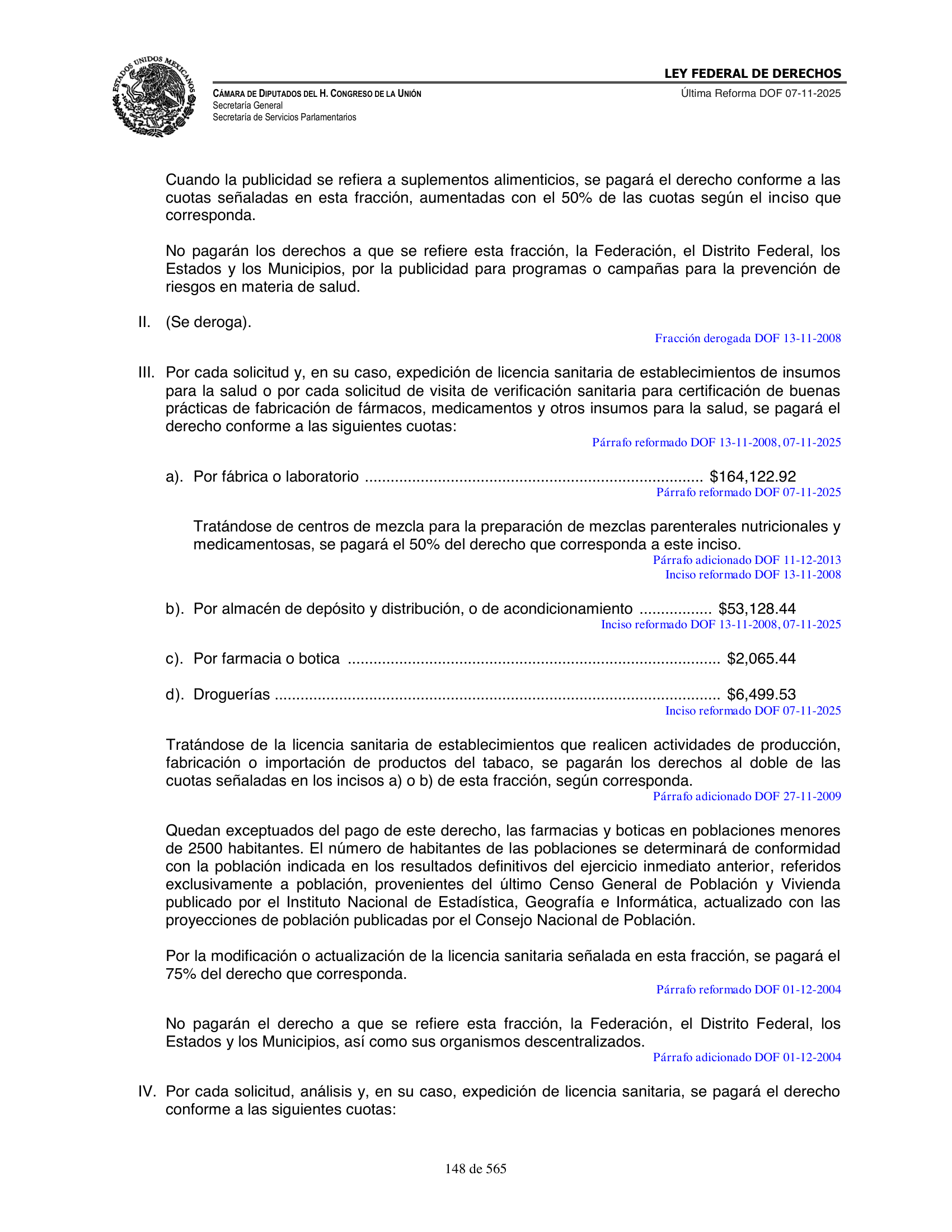 Ley Federal de Derechos — official Chamber compilation — original physical page 148 of 565; complete original page image governs, native search text may be incomplete.