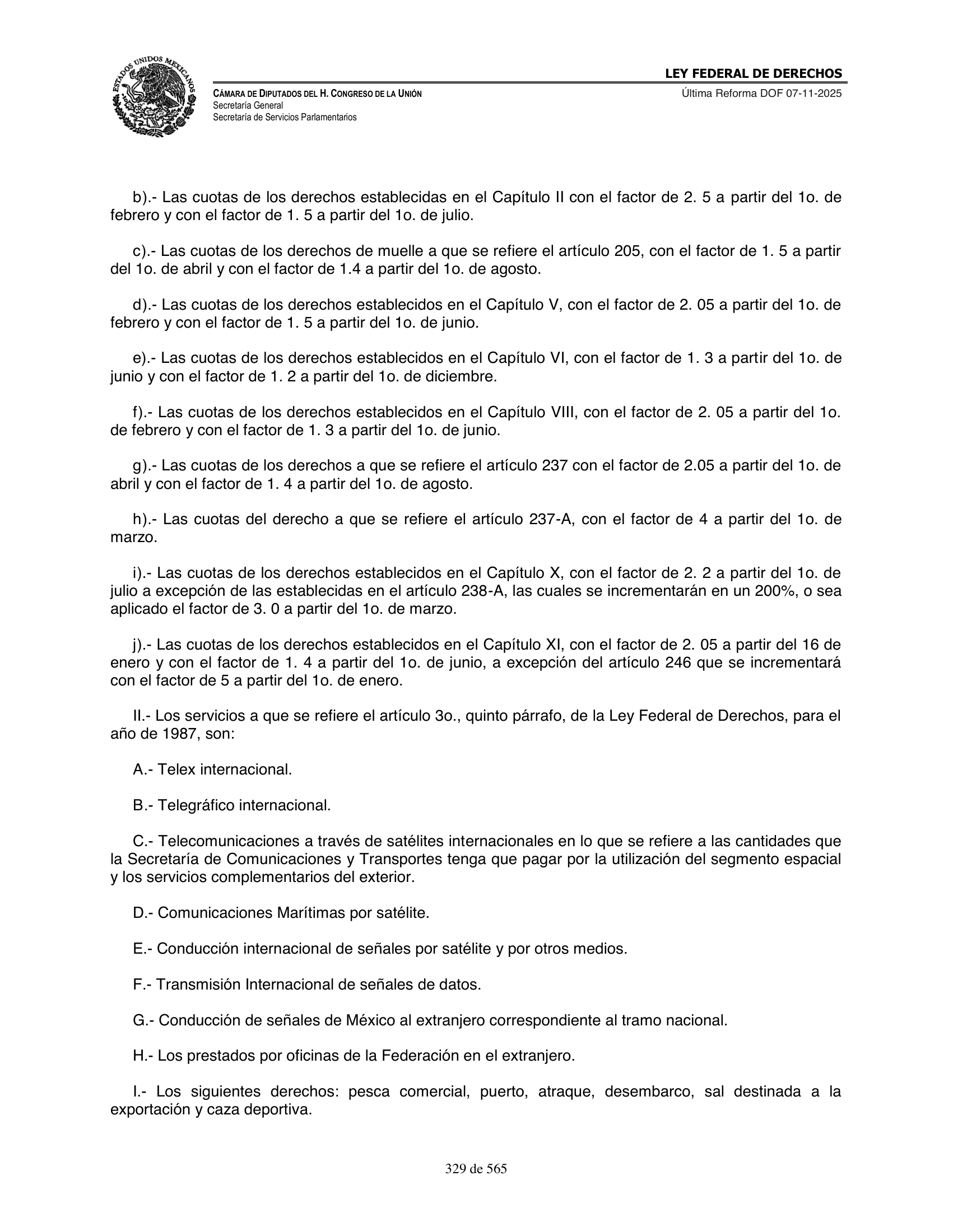 Ley Federal de Derechos — official Chamber compilation — original physical page 329 of 565; complete original page image governs, native search text may be incomplete.
