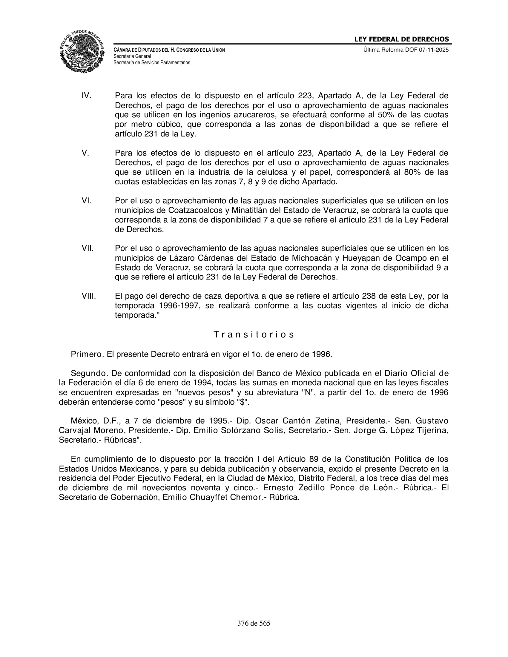 Ley Federal de Derechos — official Chamber compilation — original physical page 376 of 565; complete original page image governs, native search text may be incomplete.