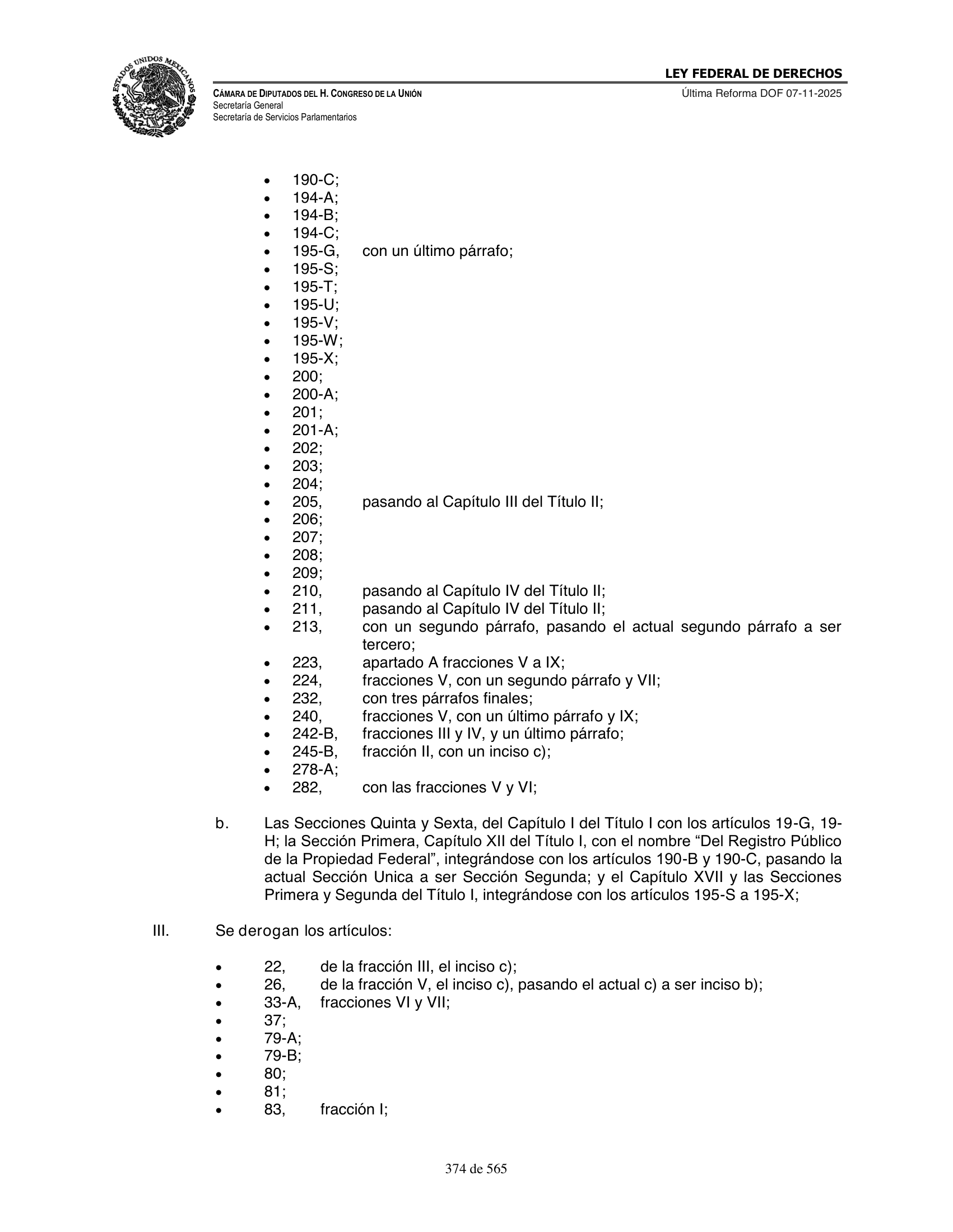 Ley Federal de Derechos — official Chamber compilation — original physical page 374 of 565; complete original page image governs, native search text may be incomplete.