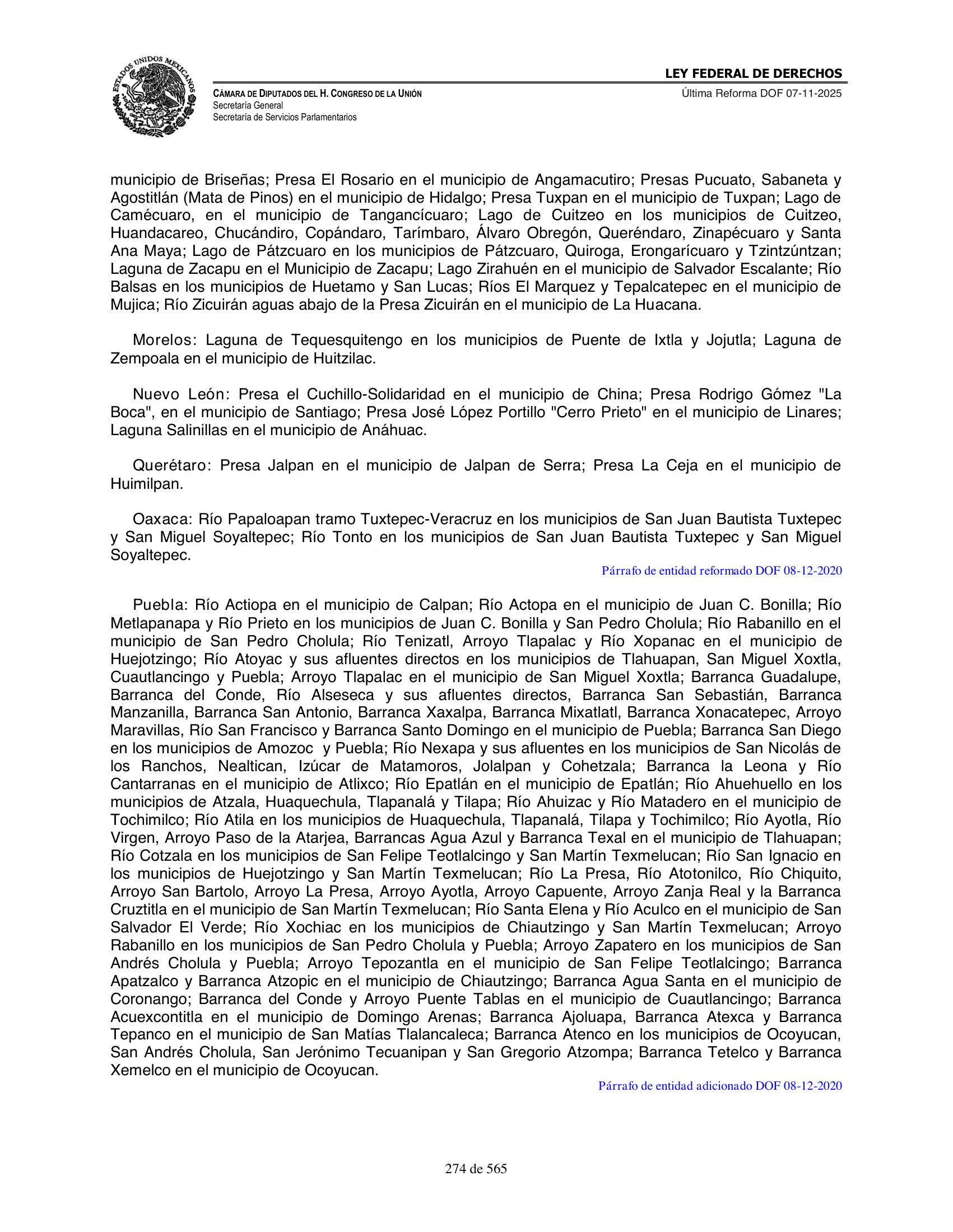 Ley Federal de Derechos — official Chamber compilation — original physical page 274 of 565; complete original page image governs, native search text may be incomplete.