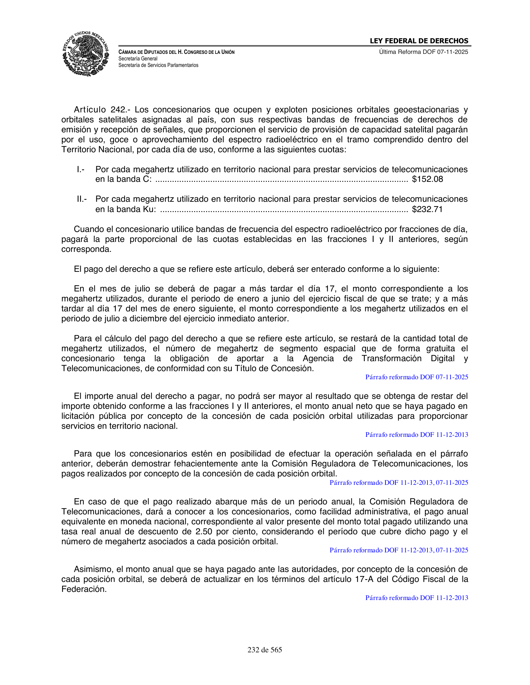 Ley Federal de Derechos — official Chamber compilation — original physical page 232 of 565; complete original page image governs, native search text may be incomplete.