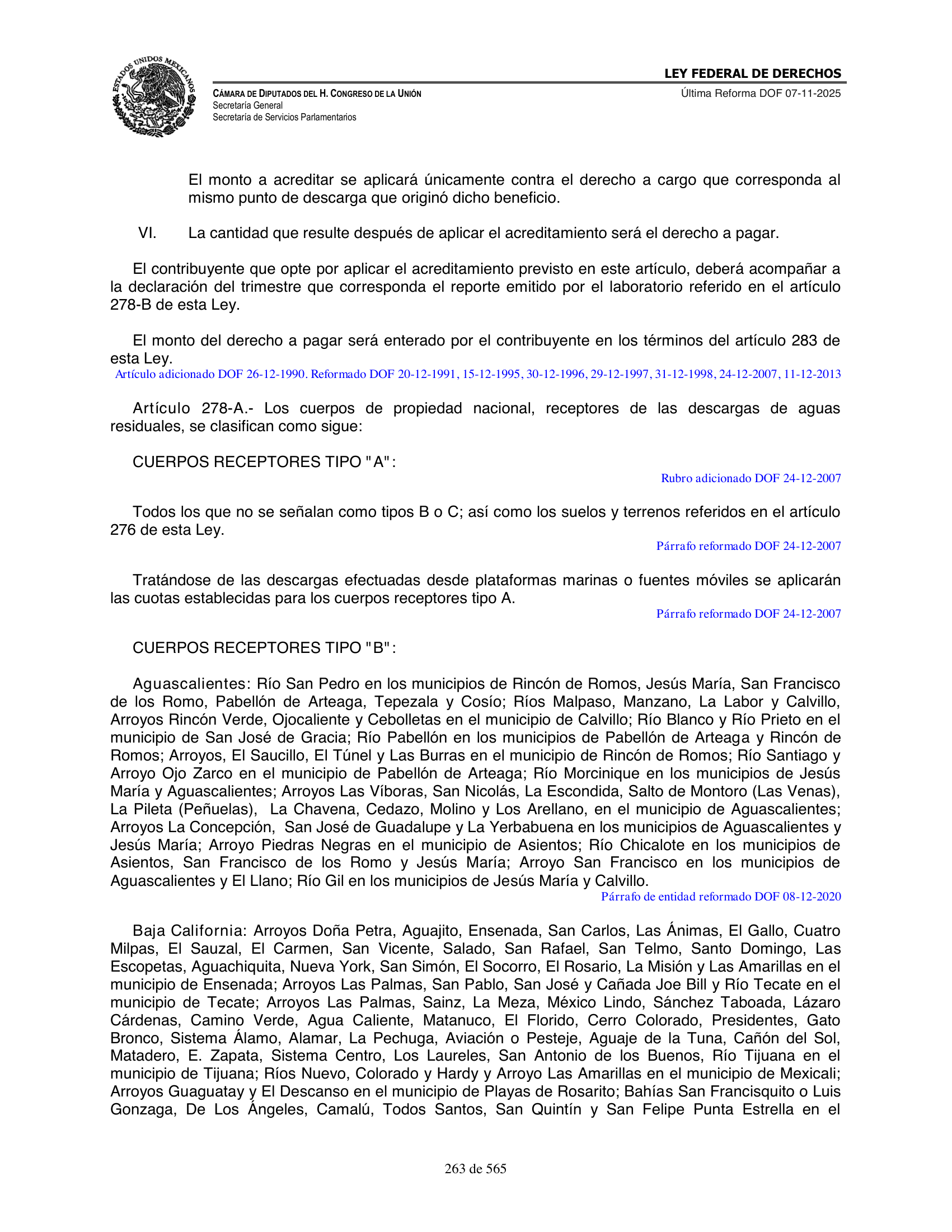 Ley Federal de Derechos — official Chamber compilation — original physical page 263 of 565; complete original page image governs, native search text may be incomplete.