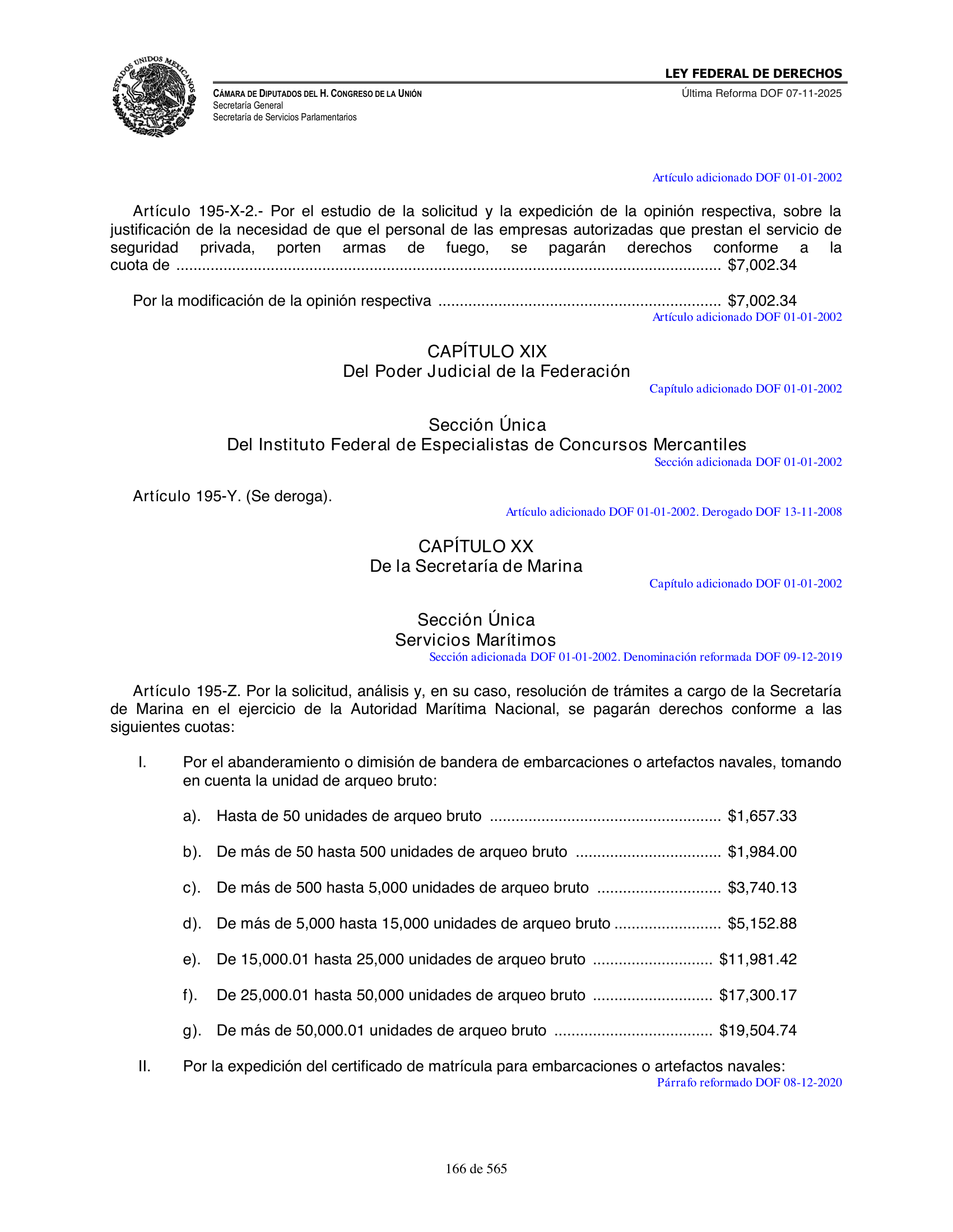 Ley Federal de Derechos — official Chamber compilation — original physical page 166 of 565; complete original page image governs, native search text may be incomplete.