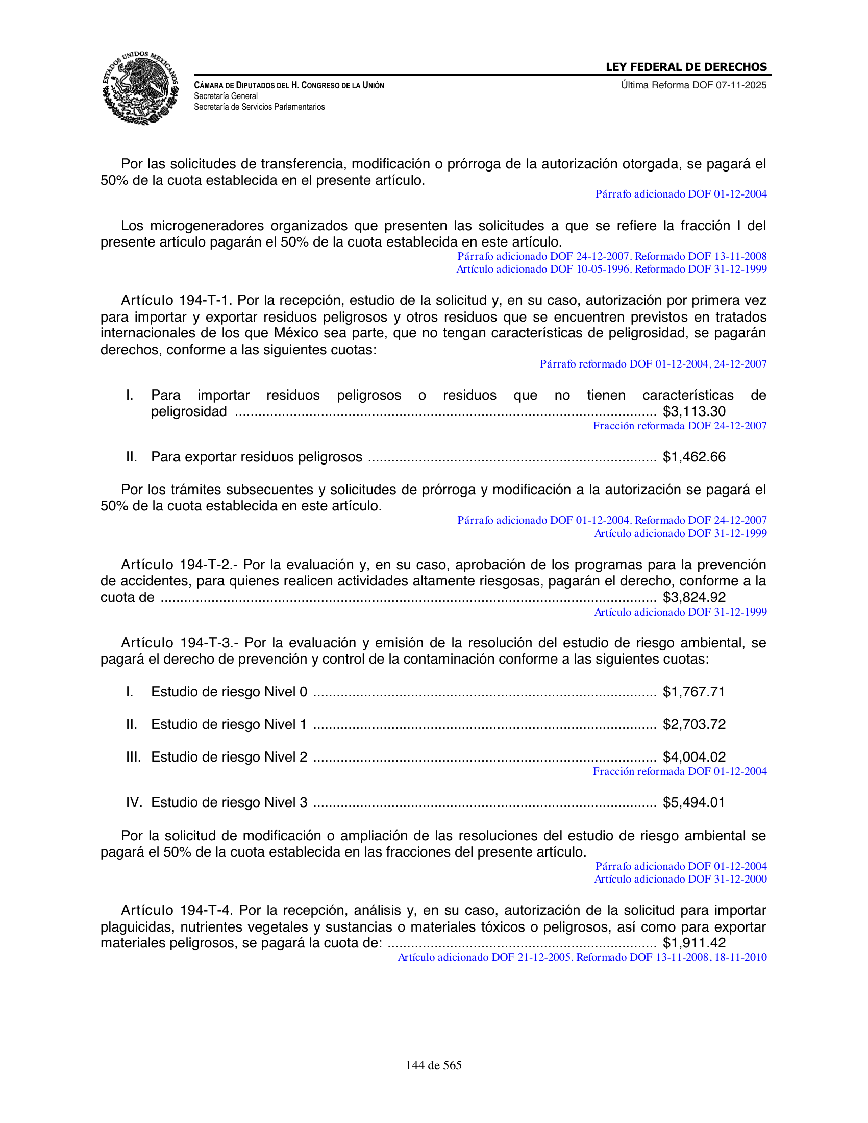 Ley Federal de Derechos — official Chamber compilation — original physical page 144 of 565; complete original page image governs, native search text may be incomplete.