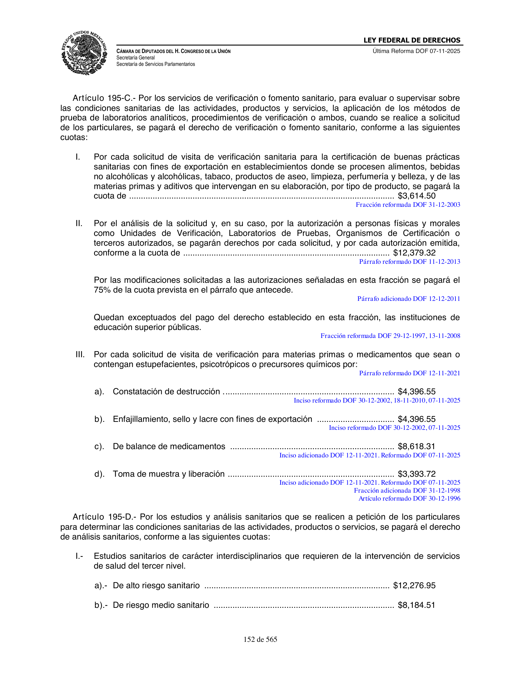 Ley Federal de Derechos — official Chamber compilation — original physical page 152 of 565; complete original page image governs, native search text may be incomplete.