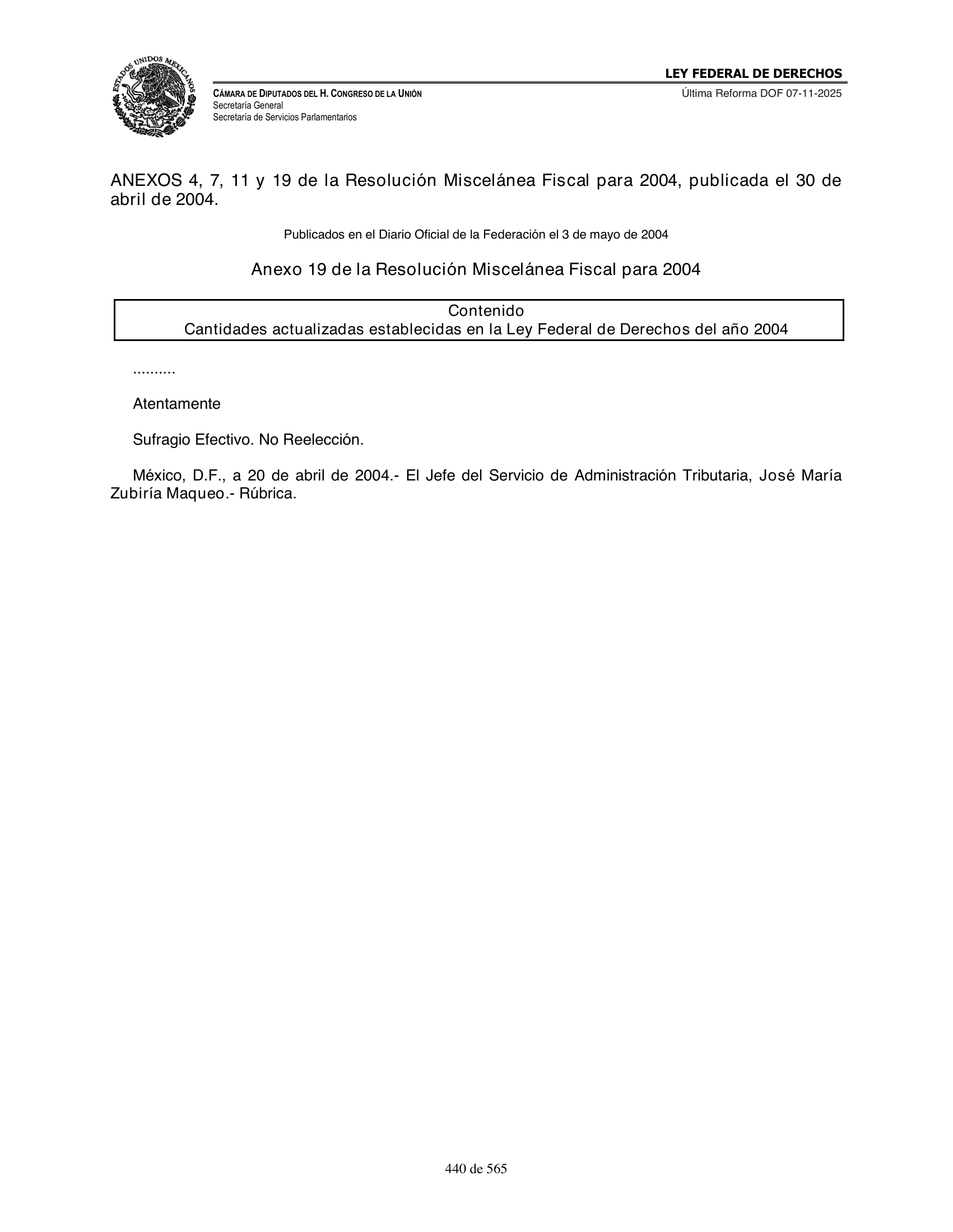 Ley Federal de Derechos — official Chamber compilation — original physical page 440 of 565; complete original page image governs, native search text may be incomplete.