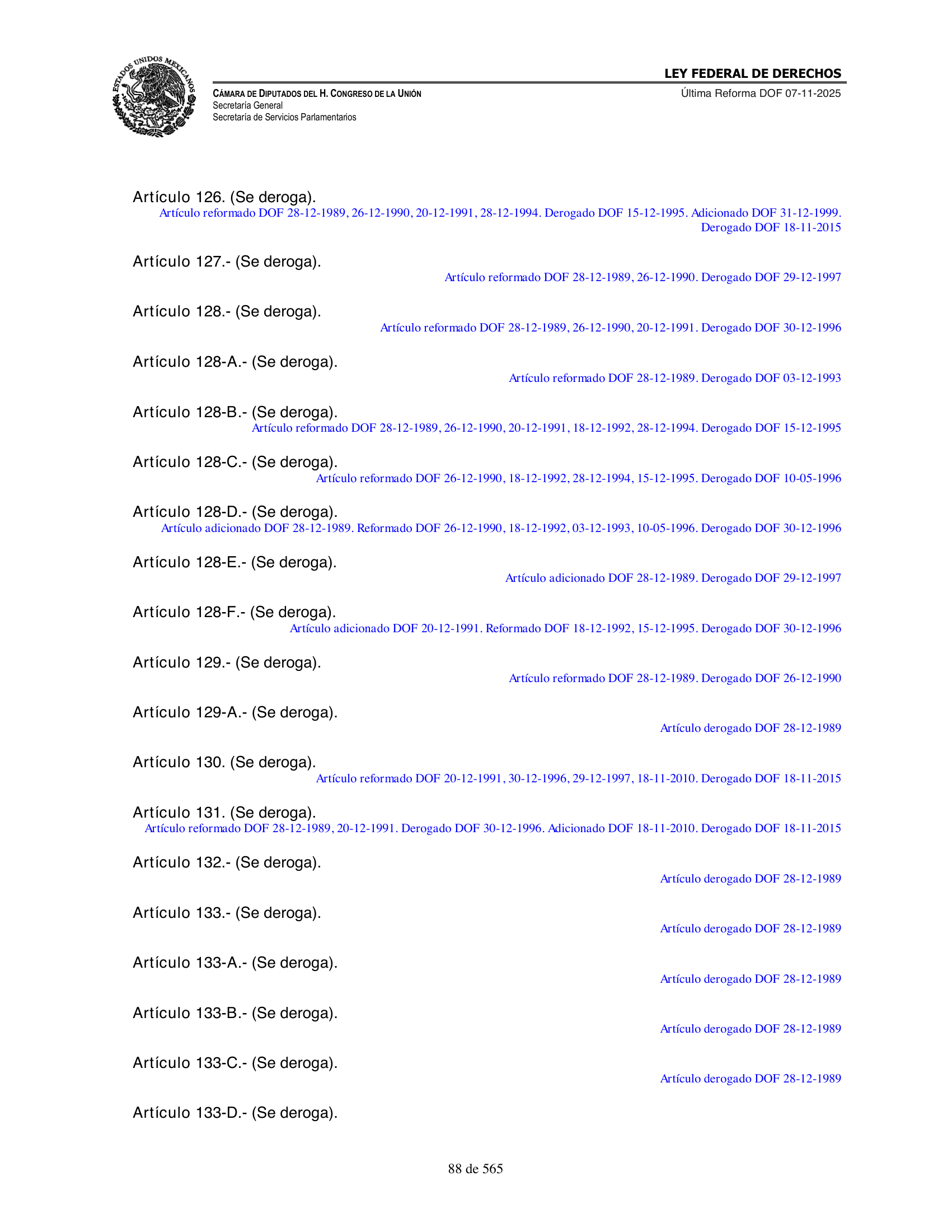 Ley Federal de Derechos — official Chamber compilation — original physical page 88 of 565; complete original page image governs, native search text may be incomplete.