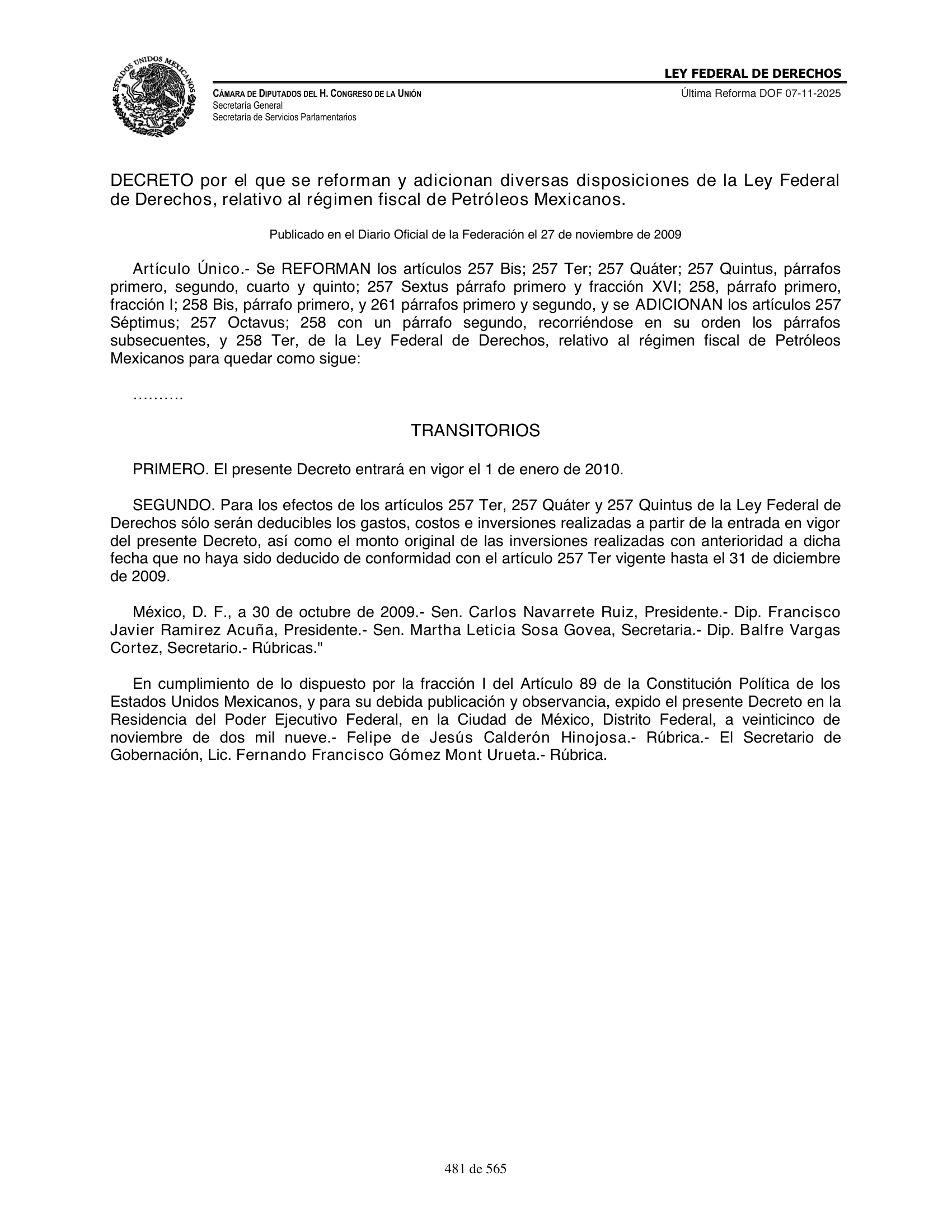 Ley Federal de Derechos — official Chamber compilation — original physical page 481 of 565; complete original page image governs, native search text may be incomplete.