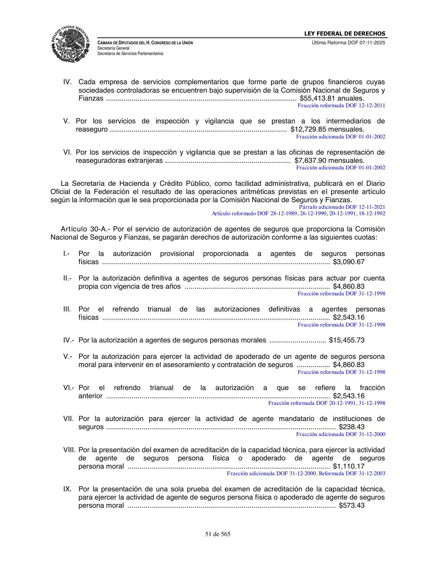 Ley Federal de Derechos — official Chamber compilation — original physical page 51 of 565; complete original page image governs, native search text may be incomplete.