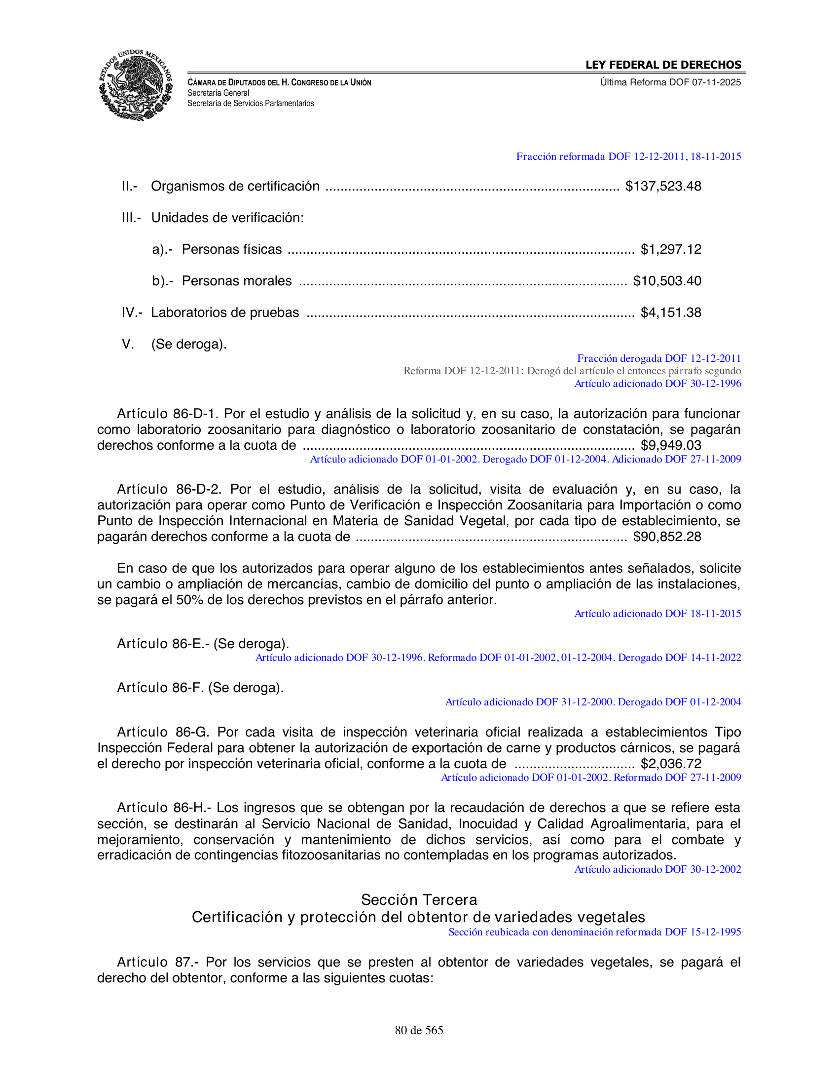 Ley Federal de Derechos — official Chamber compilation — original physical page 80 of 565; complete original page image governs, native search text may be incomplete.
