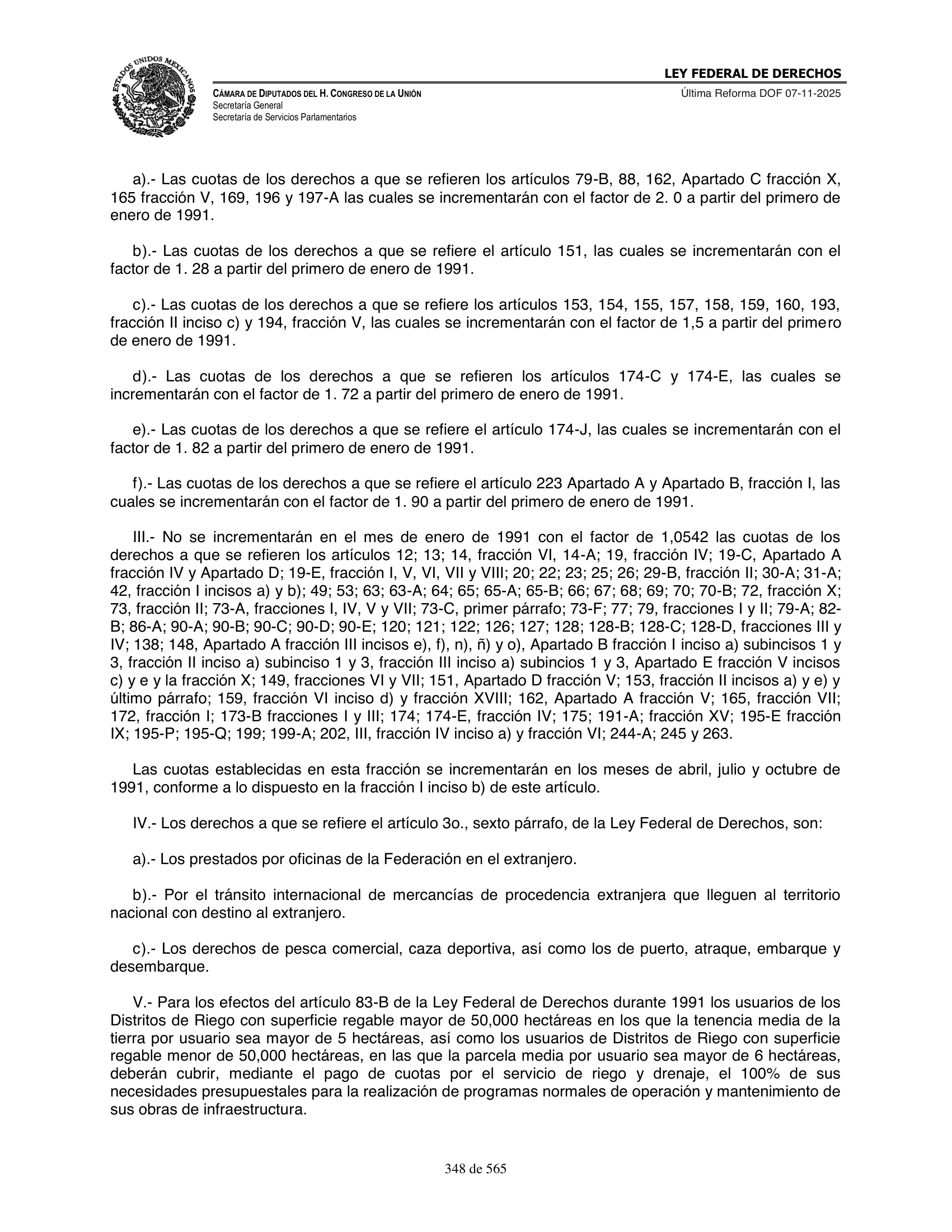 Ley Federal de Derechos — official Chamber compilation — original physical page 348 of 565; complete original page image governs, native search text may be incomplete.