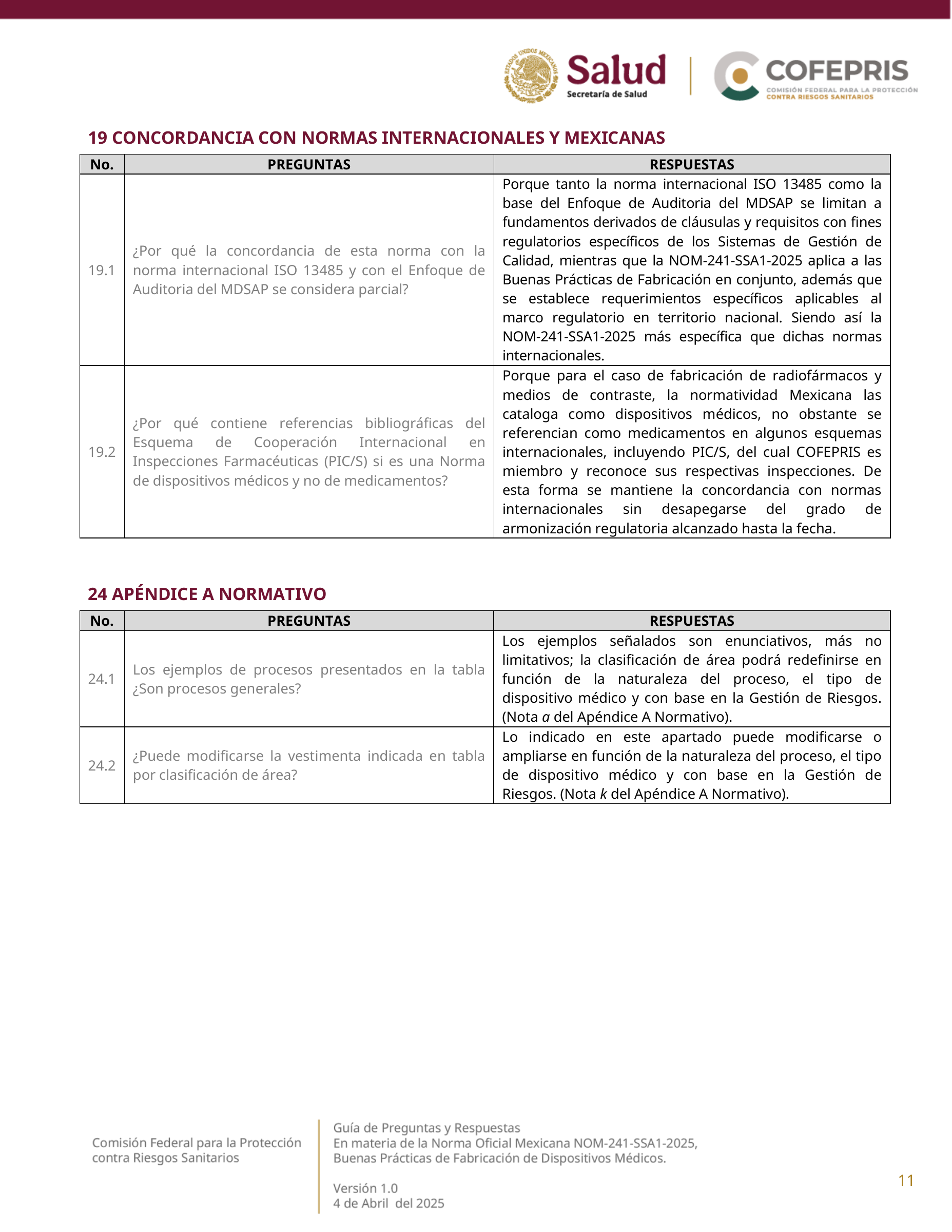 COFEPRIS NOM-241-SSA1-2025 questions and answers, version 1.0 — original physical PDF page 11; complete original page layout, table cells and figures retained.