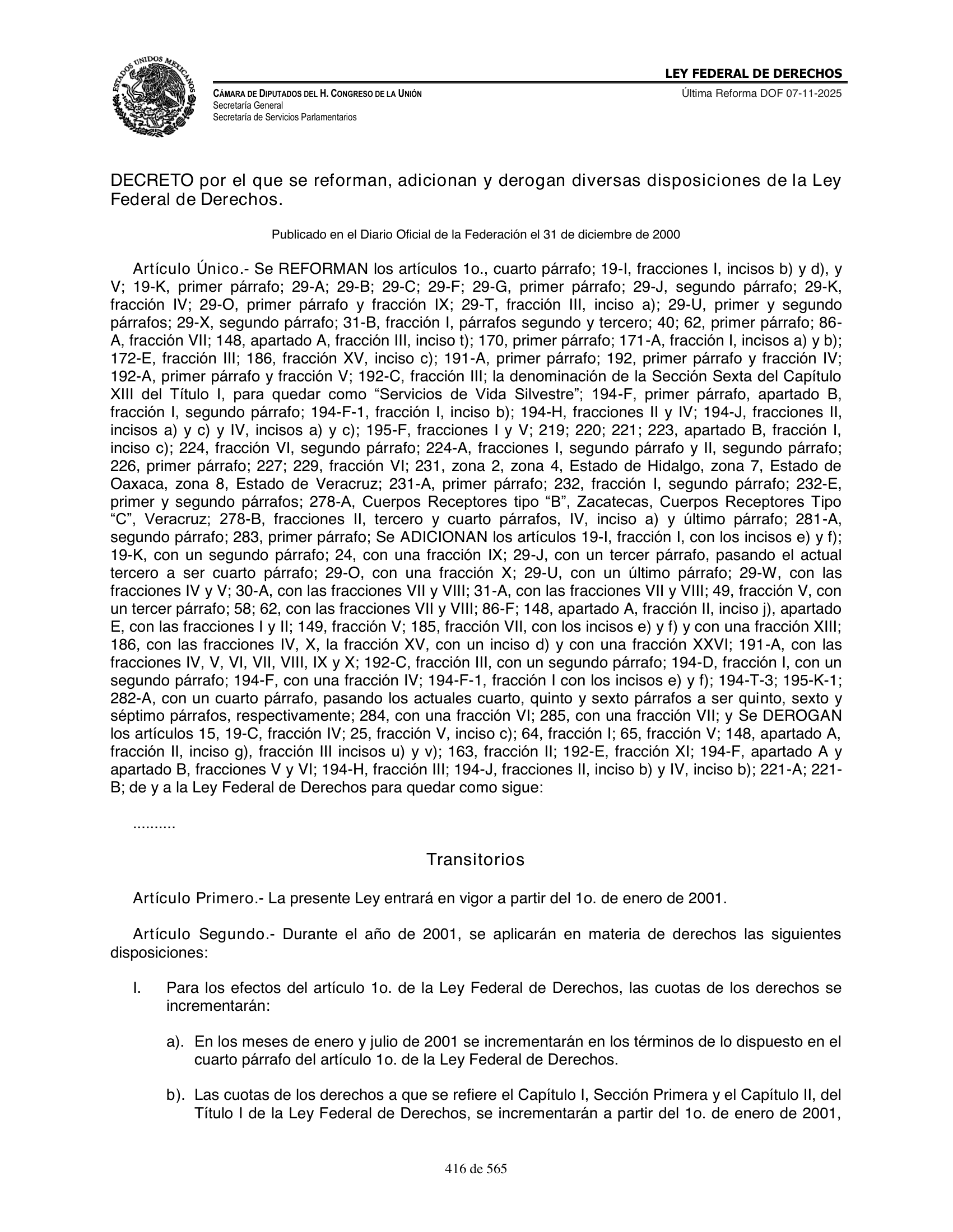 Ley Federal de Derechos — official Chamber compilation — original physical page 416 of 565; complete original page image governs, native search text may be incomplete.