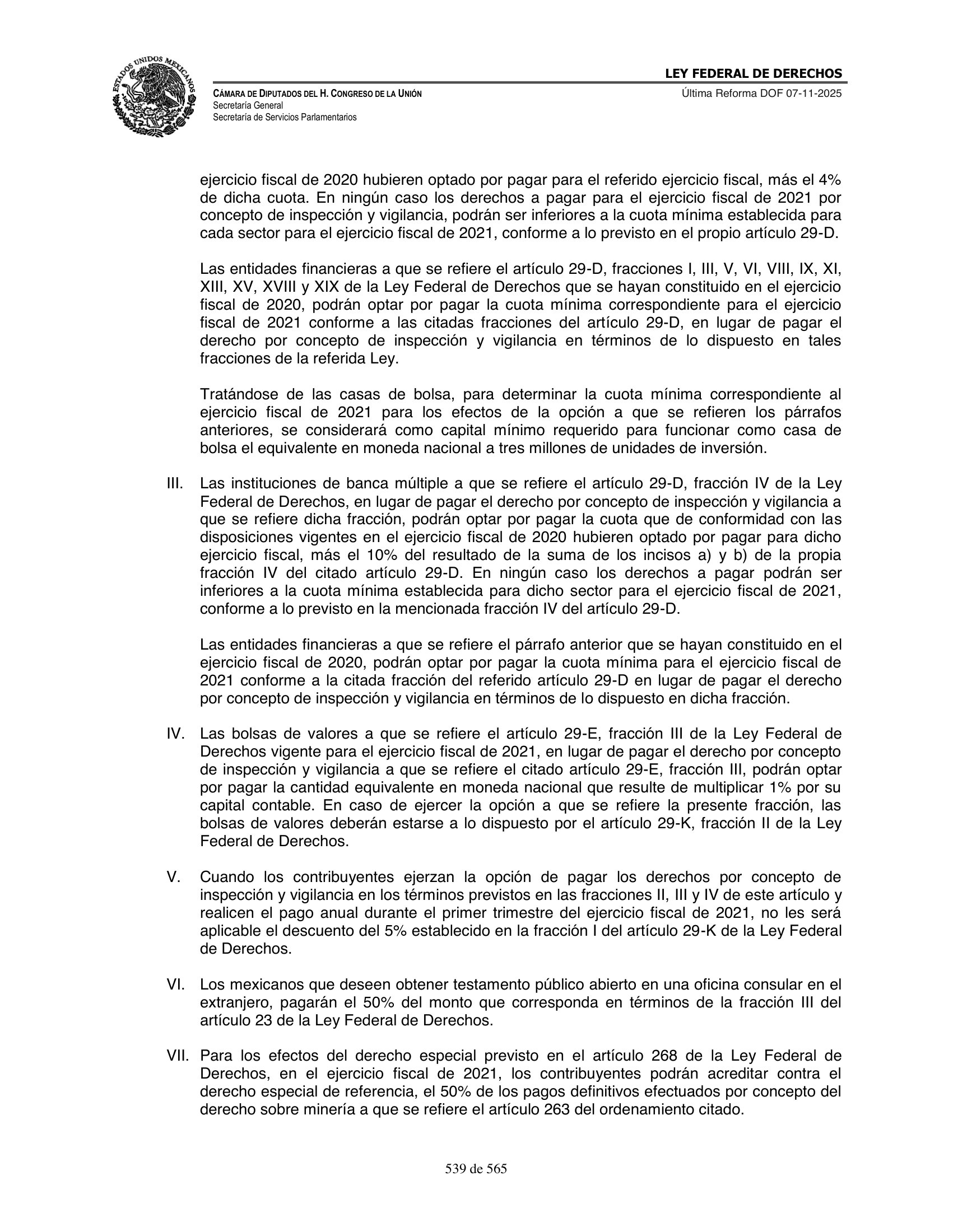 Ley Federal de Derechos — official Chamber compilation — original physical page 539 of 565; complete original page image governs, native search text may be incomplete.