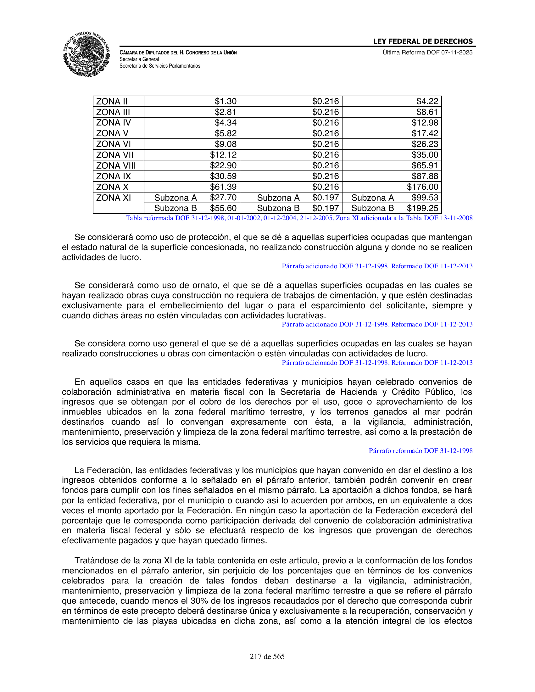 Ley Federal de Derechos — official Chamber compilation — original physical page 217 of 565; complete original page image governs, native search text may be incomplete.