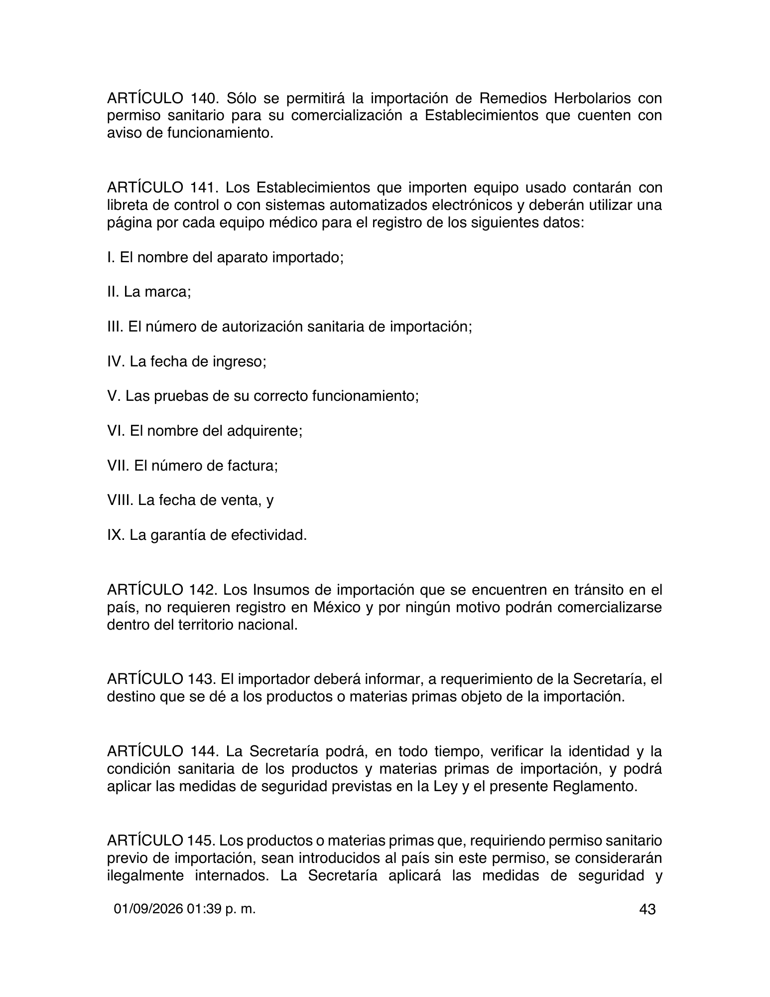 Reglamento de Insumos para la Salud — 2026 compiled expression — official PDF page 43