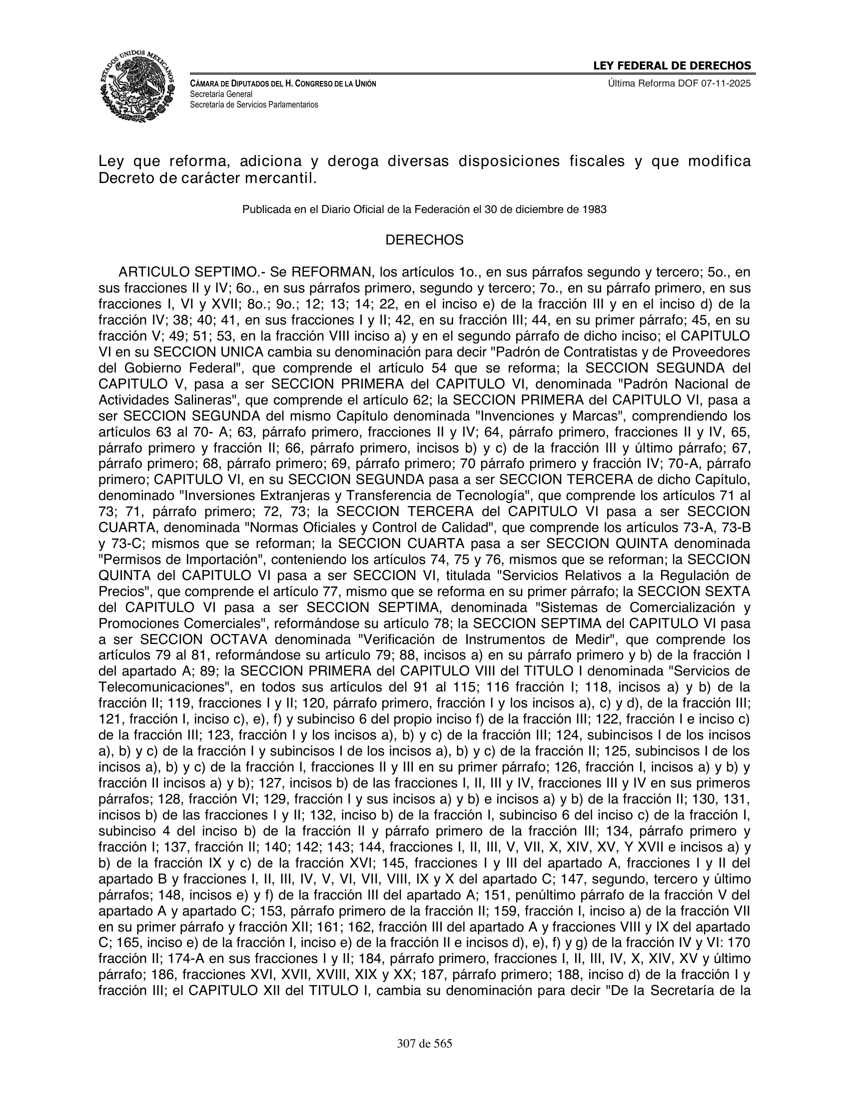 Ley Federal de Derechos — official Chamber compilation — original physical page 307 of 565; complete original page image governs, native search text may be incomplete.