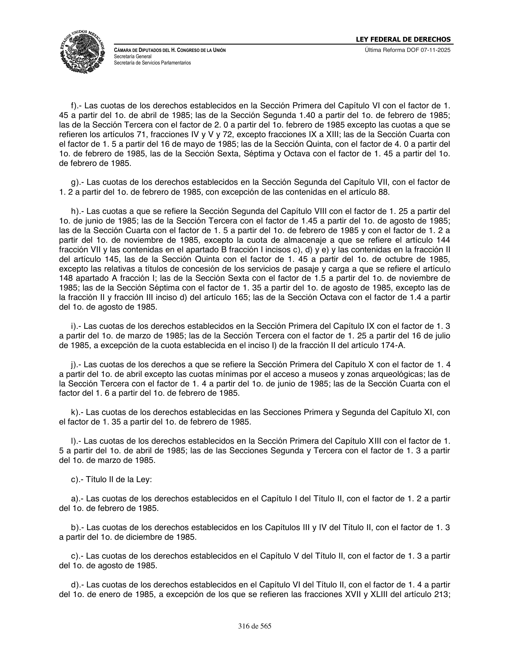 Ley Federal de Derechos — official Chamber compilation — original physical page 316 of 565; complete original page image governs, native search text may be incomplete.