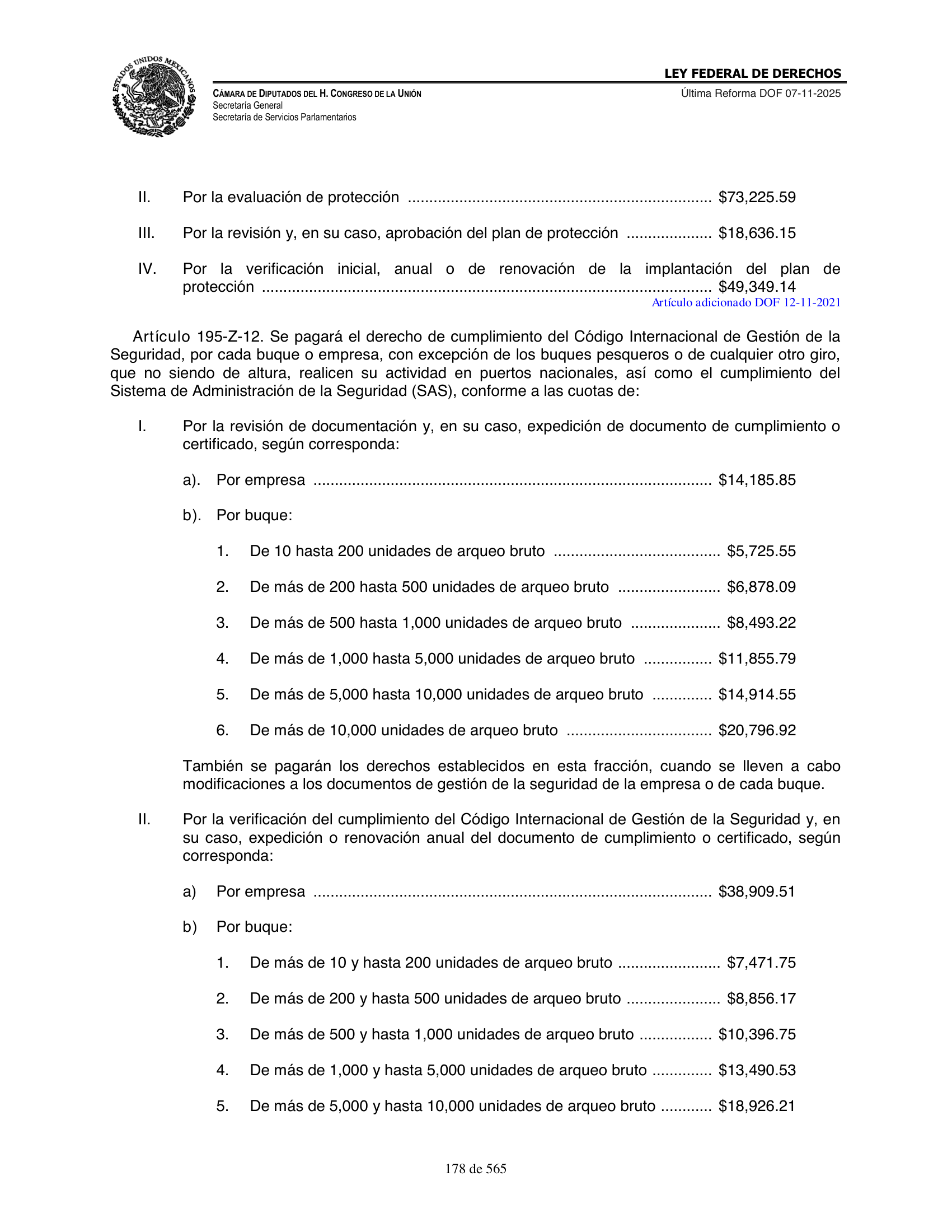 Ley Federal de Derechos — official Chamber compilation — original physical page 178 of 565; complete original page image governs, native search text may be incomplete.