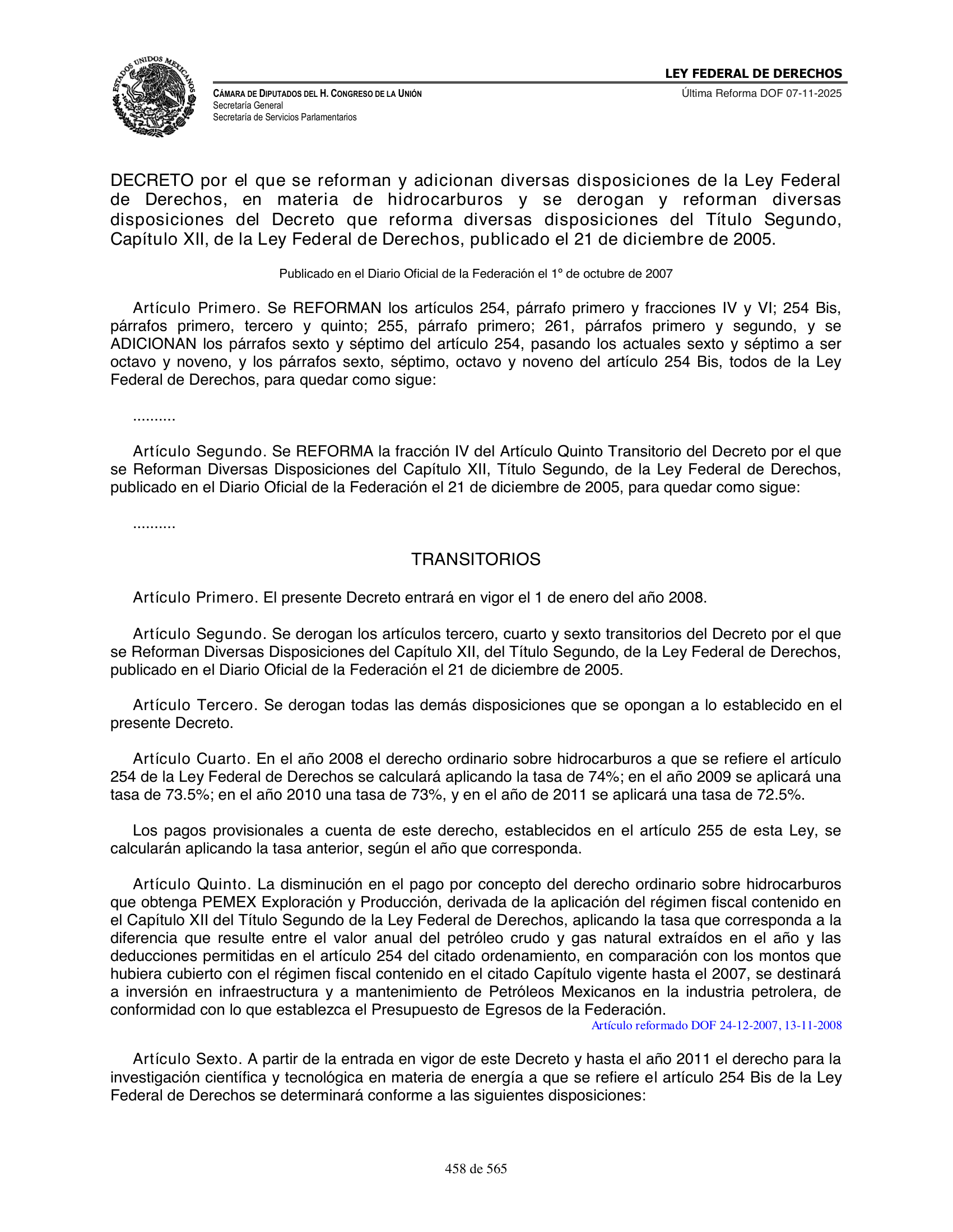 Ley Federal de Derechos — official Chamber compilation — original physical page 458 of 565; complete original page image governs, native search text may be incomplete.
