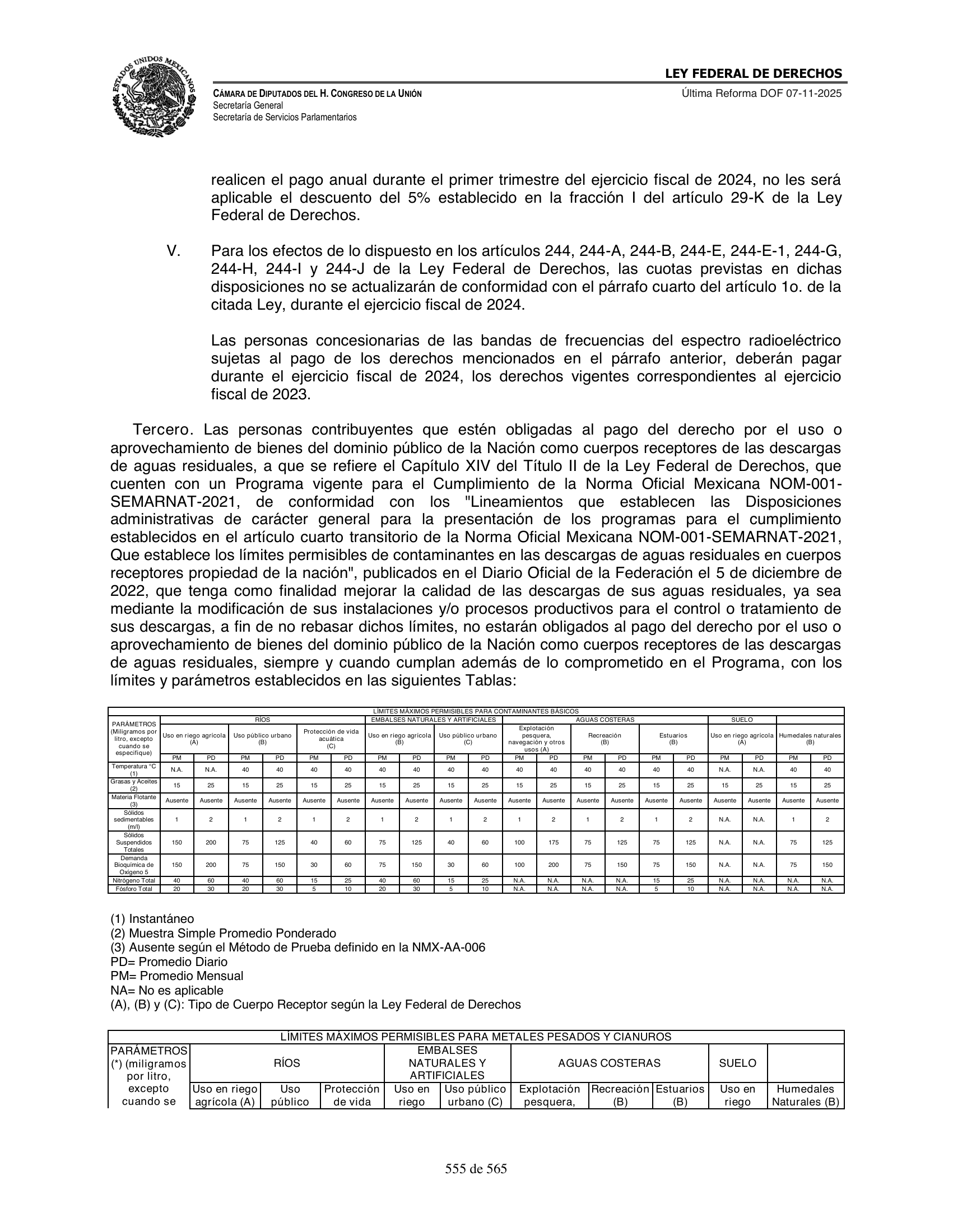 Ley Federal de Derechos — official Chamber compilation — original physical page 555 of 565; complete original page image governs, native search text may be incomplete.