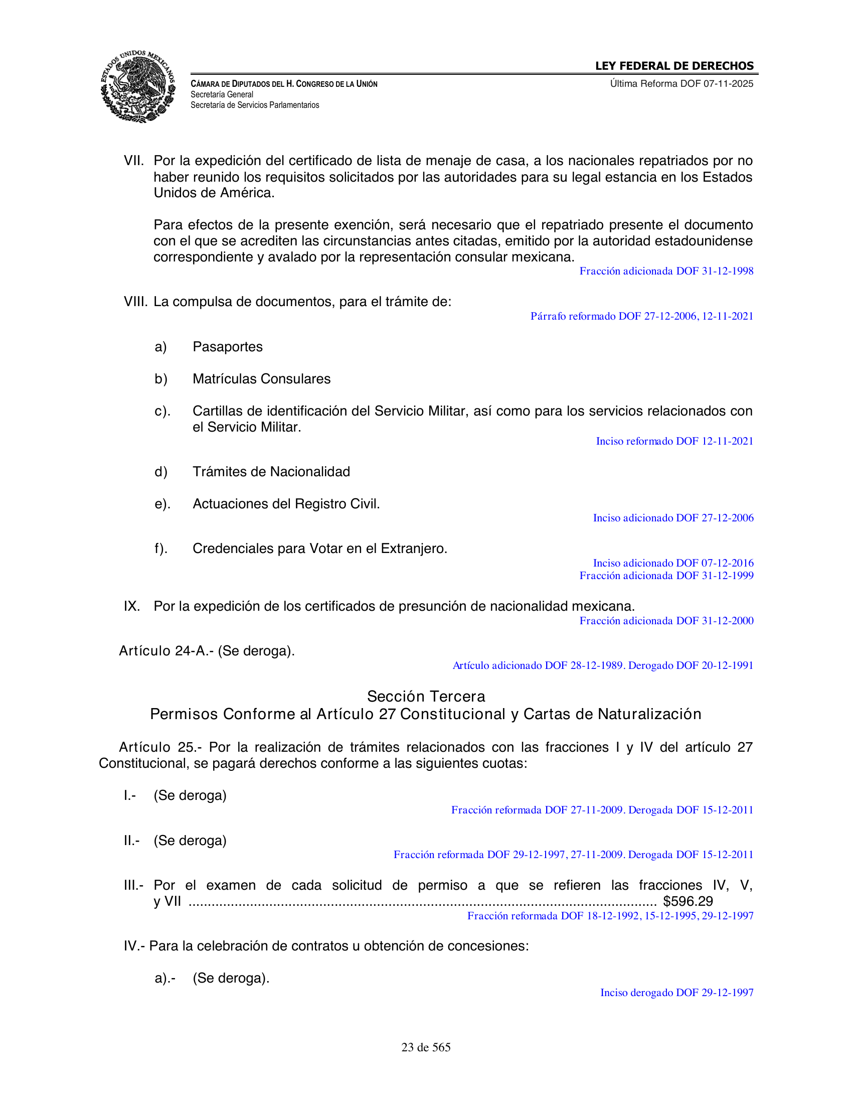 Ley Federal de Derechos — official Chamber compilation — original physical page 23 of 565; complete original page image governs, native search text may be incomplete.