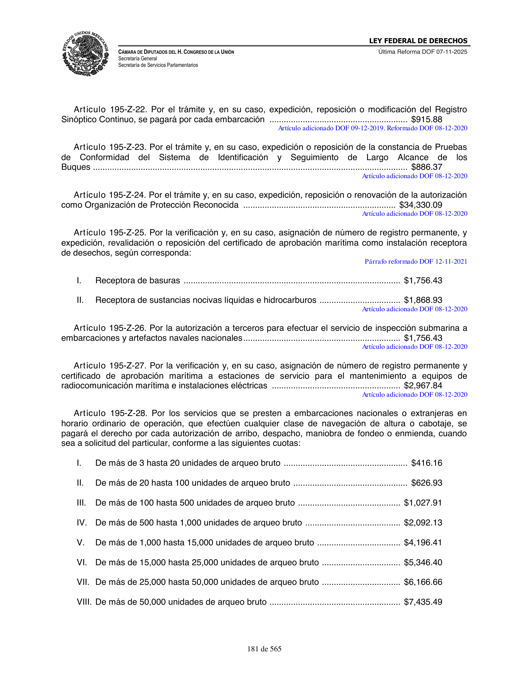 Ley Federal de Derechos — official Chamber compilation — original physical page 181 of 565; complete original page image governs, native search text may be incomplete.