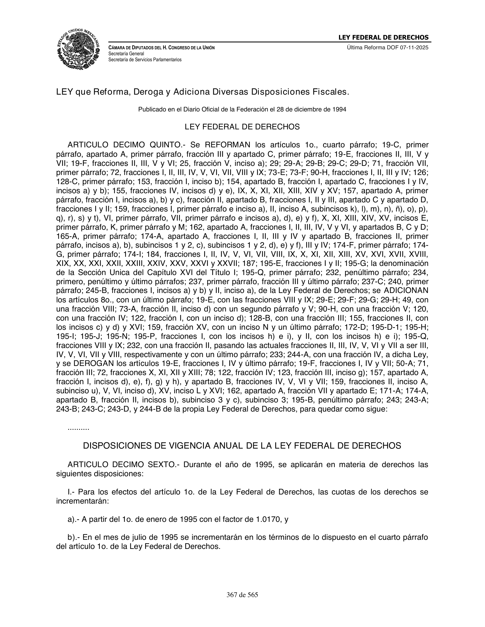 Ley Federal de Derechos — official Chamber compilation — original physical page 367 of 565; complete original page image governs, native search text may be incomplete.