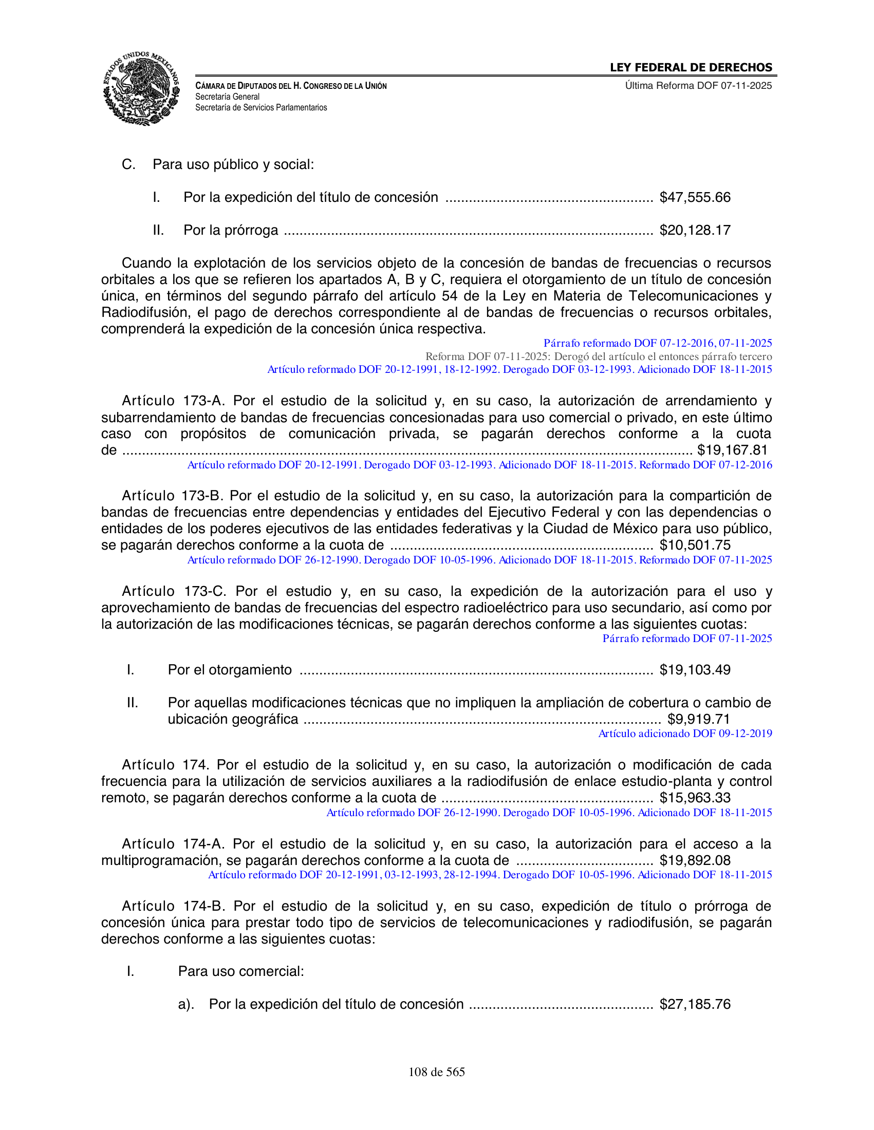 Ley Federal de Derechos — official Chamber compilation — original physical page 108 of 565; complete original page image governs, native search text may be incomplete.