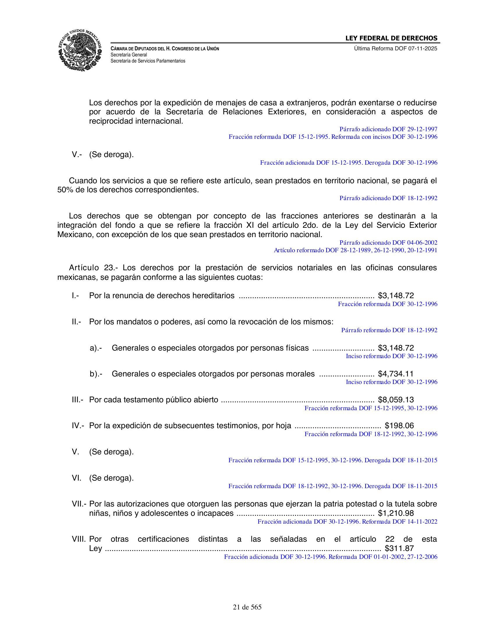 Ley Federal de Derechos — official Chamber compilation — original physical page 21 of 565; complete original page image governs, native search text may be incomplete.