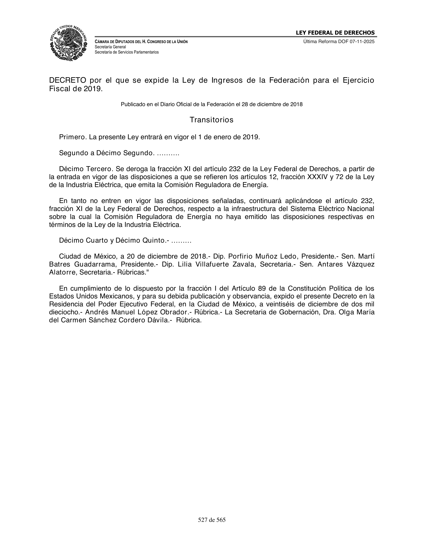Ley Federal de Derechos — official Chamber compilation — original physical page 527 of 565; complete original page image governs, native search text may be incomplete.