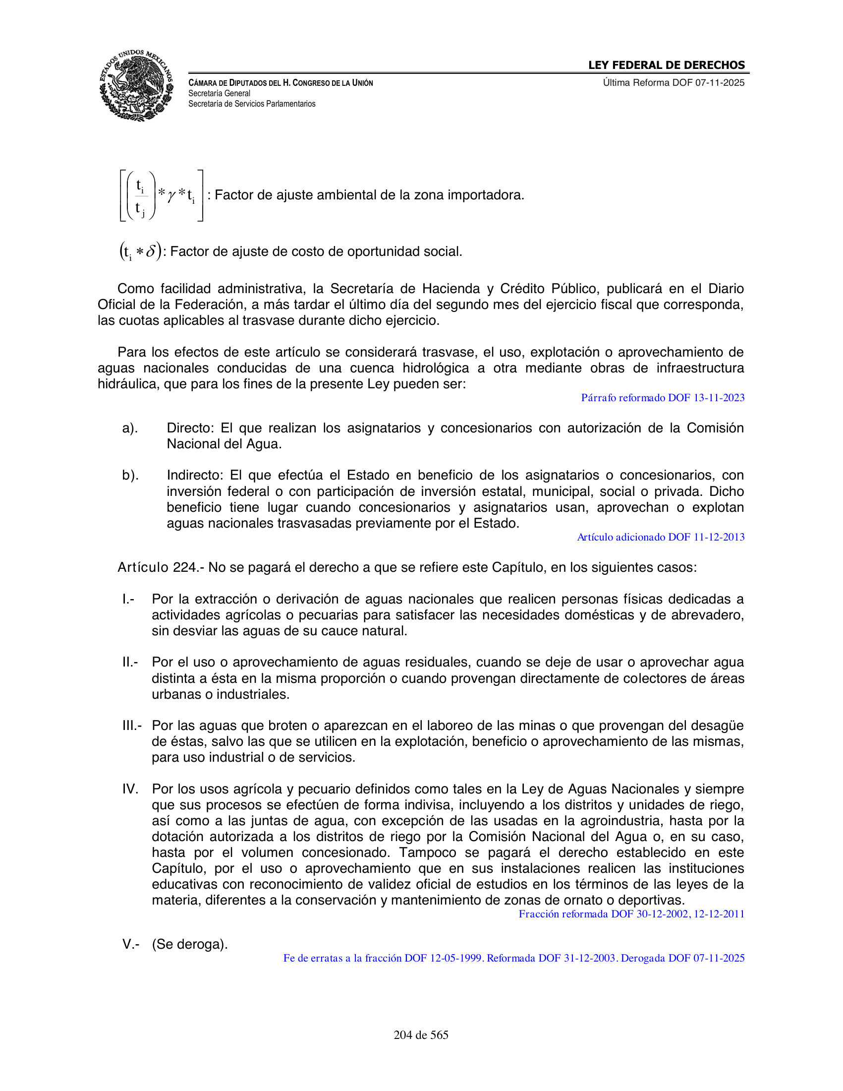 Ley Federal de Derechos — official Chamber compilation — original physical page 204 of 565; complete original page image governs, native search text may be incomplete.