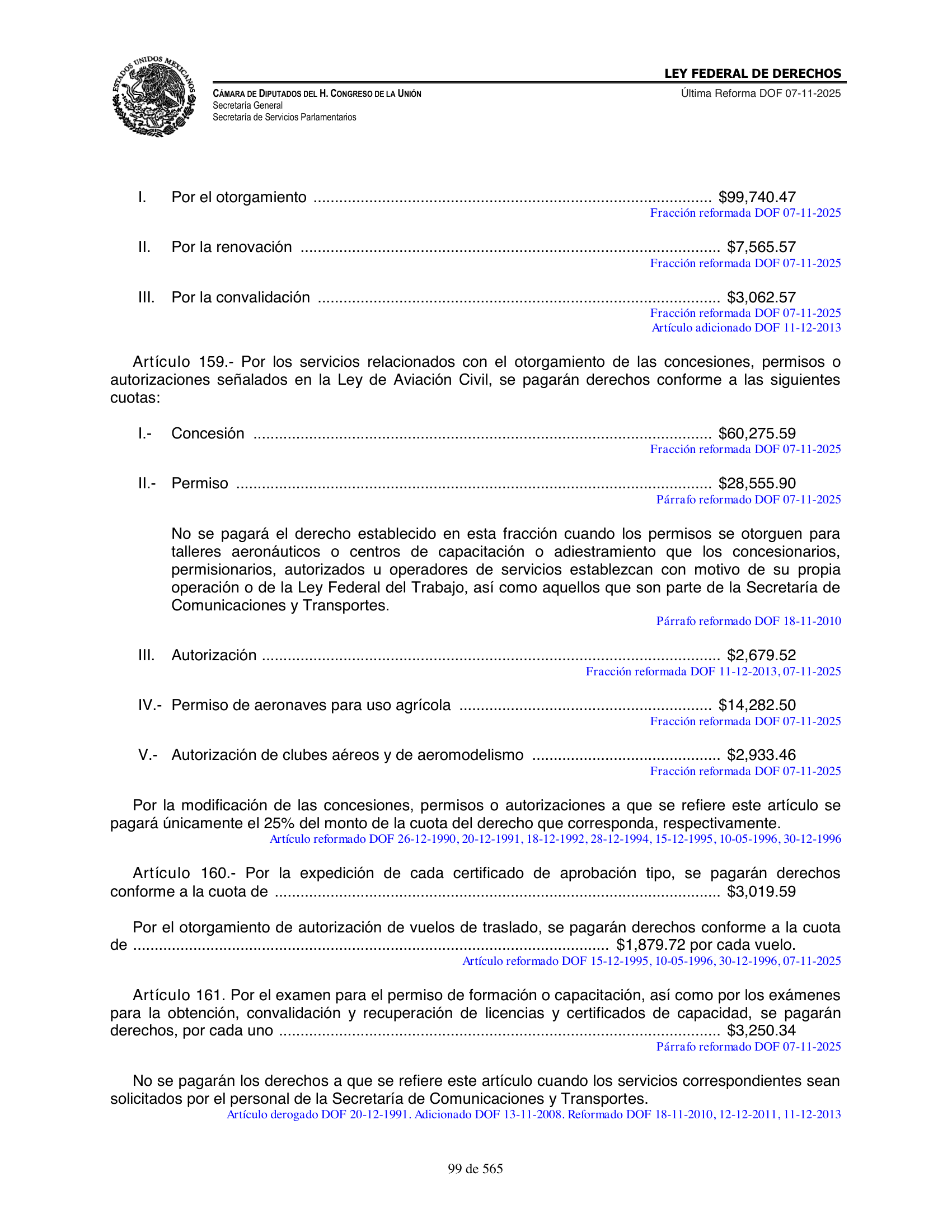 Ley Federal de Derechos — official Chamber compilation — original physical page 99 of 565; complete original page image governs, native search text may be incomplete.