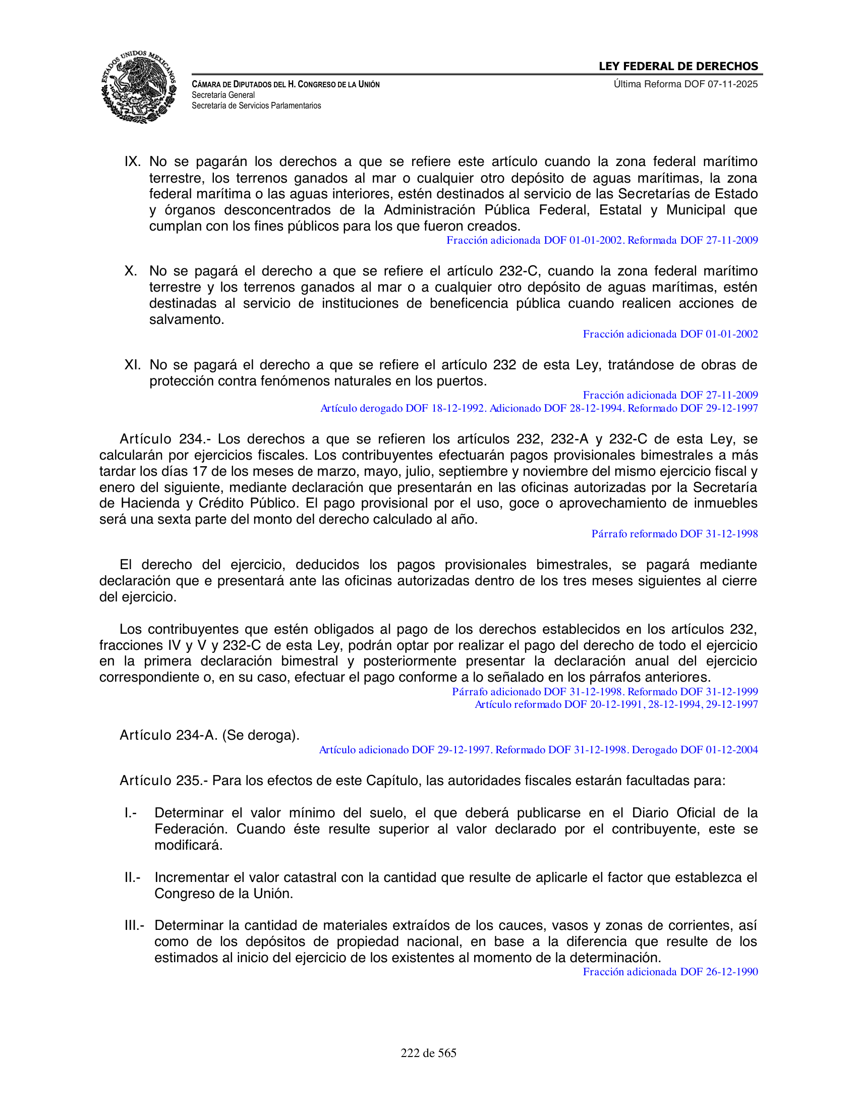 Ley Federal de Derechos — official Chamber compilation — original physical page 222 of 565; complete original page image governs, native search text may be incomplete.
