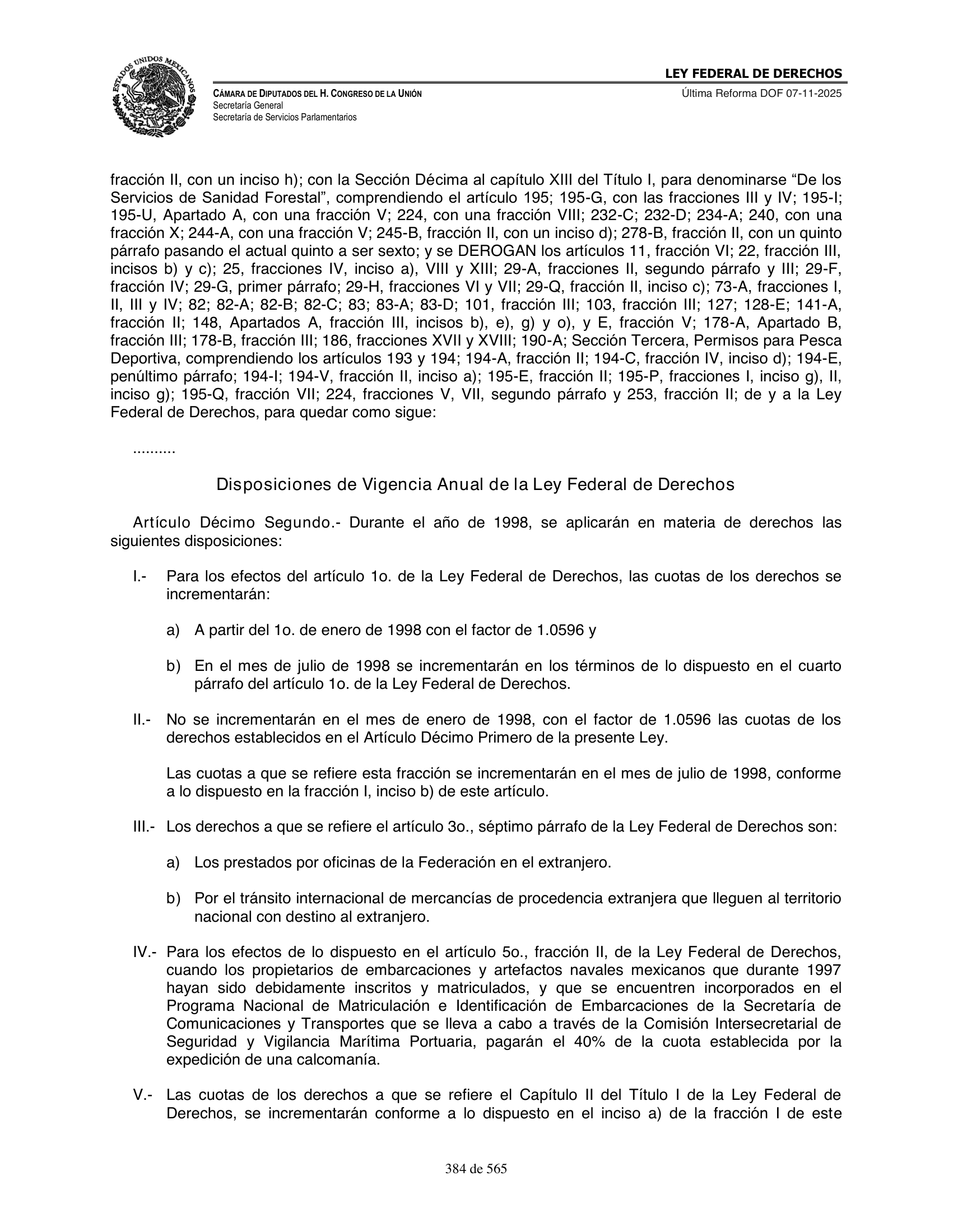 Ley Federal de Derechos — official Chamber compilation — original physical page 384 of 565; complete original page image governs, native search text may be incomplete.