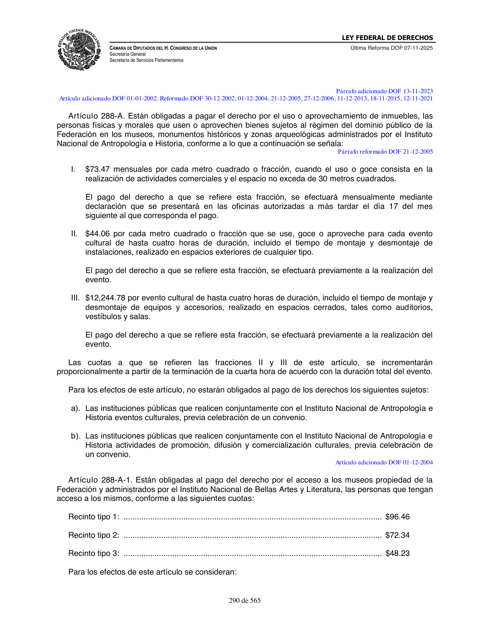 Ley Federal de Derechos — official Chamber compilation — original physical page 290 of 565; complete original page image governs, native search text may be incomplete.
