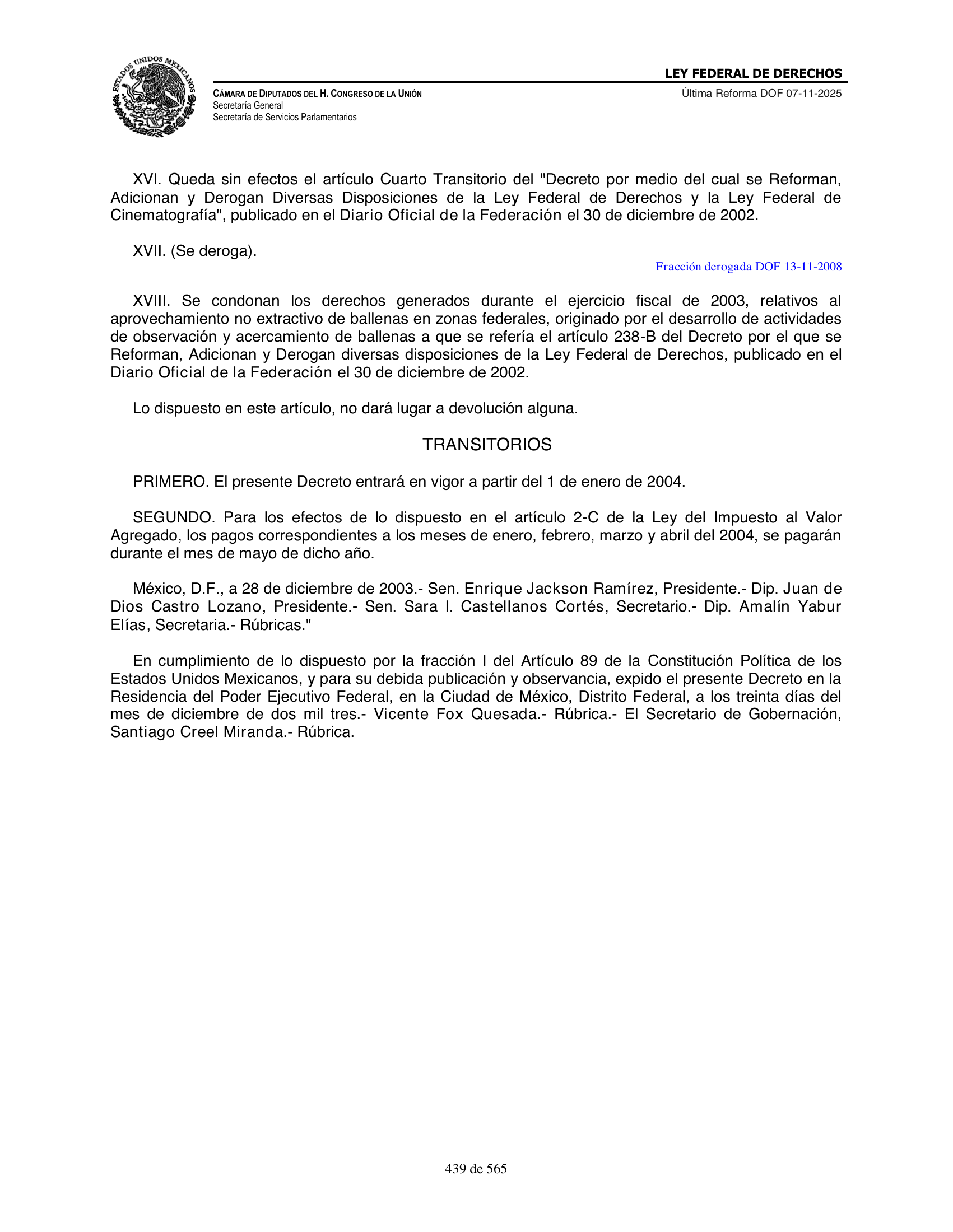 Ley Federal de Derechos — official Chamber compilation — original physical page 439 of 565; complete original page image governs, native search text may be incomplete.