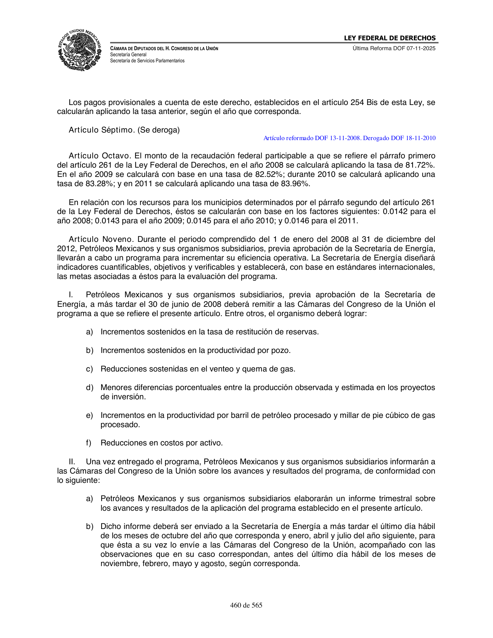 Ley Federal de Derechos — official Chamber compilation — original physical page 460 of 565; complete original page image governs, native search text may be incomplete.