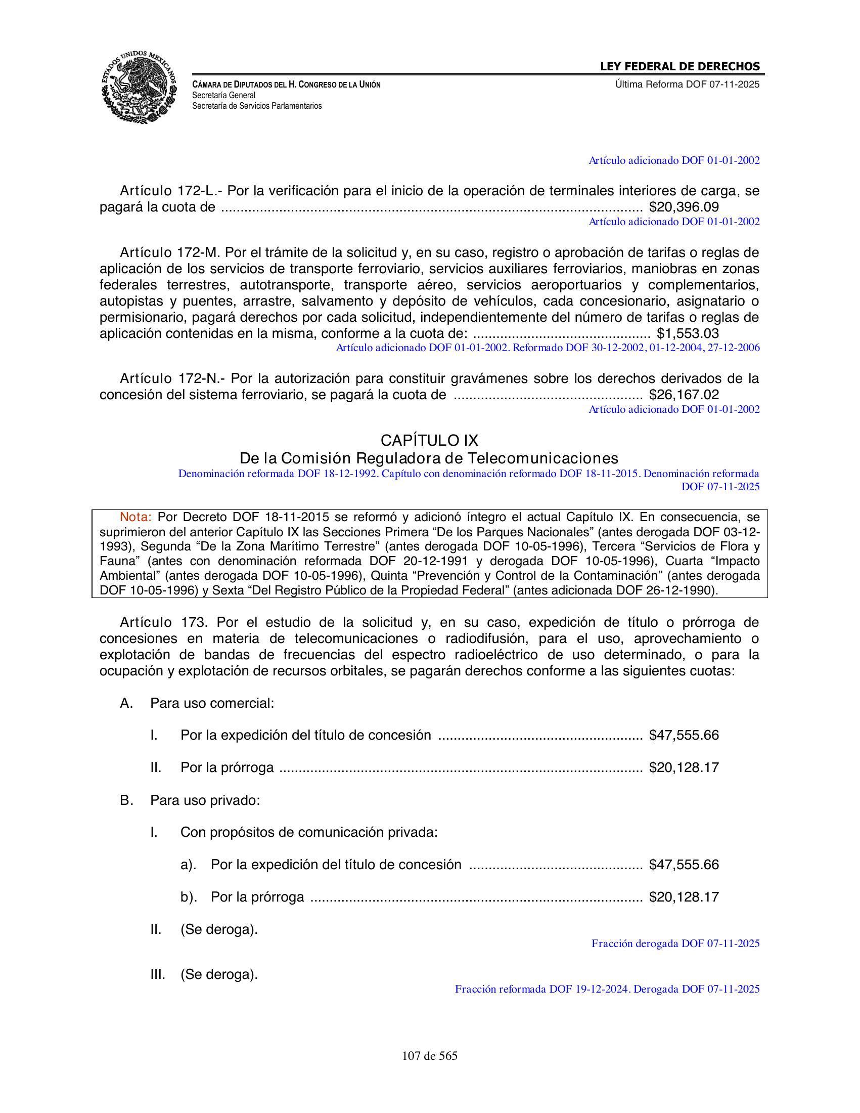 Ley Federal de Derechos — official Chamber compilation — original physical page 107 of 565; complete original page image governs, native search text may be incomplete.