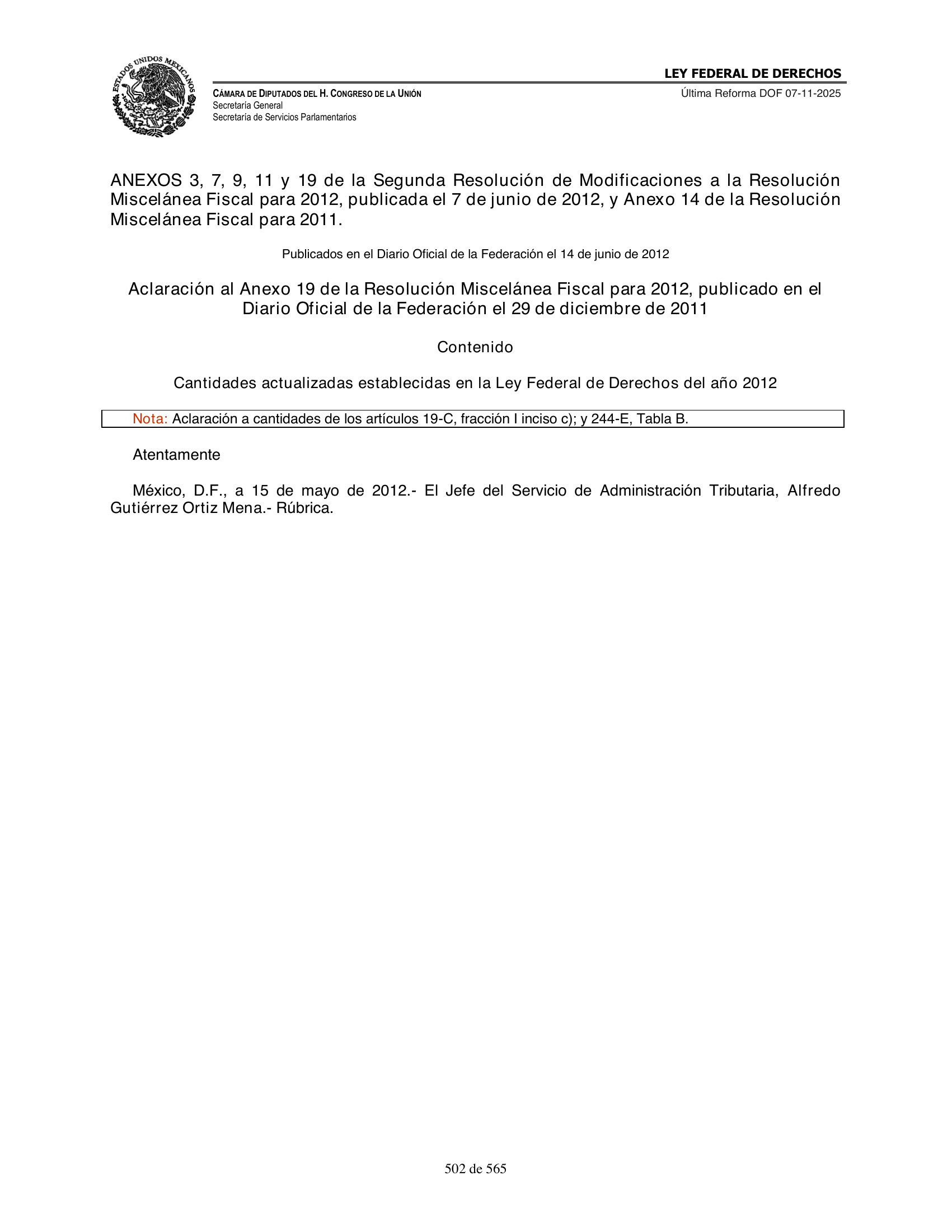 Ley Federal de Derechos — official Chamber compilation — original physical page 502 of 565; complete original page image governs, native search text may be incomplete.