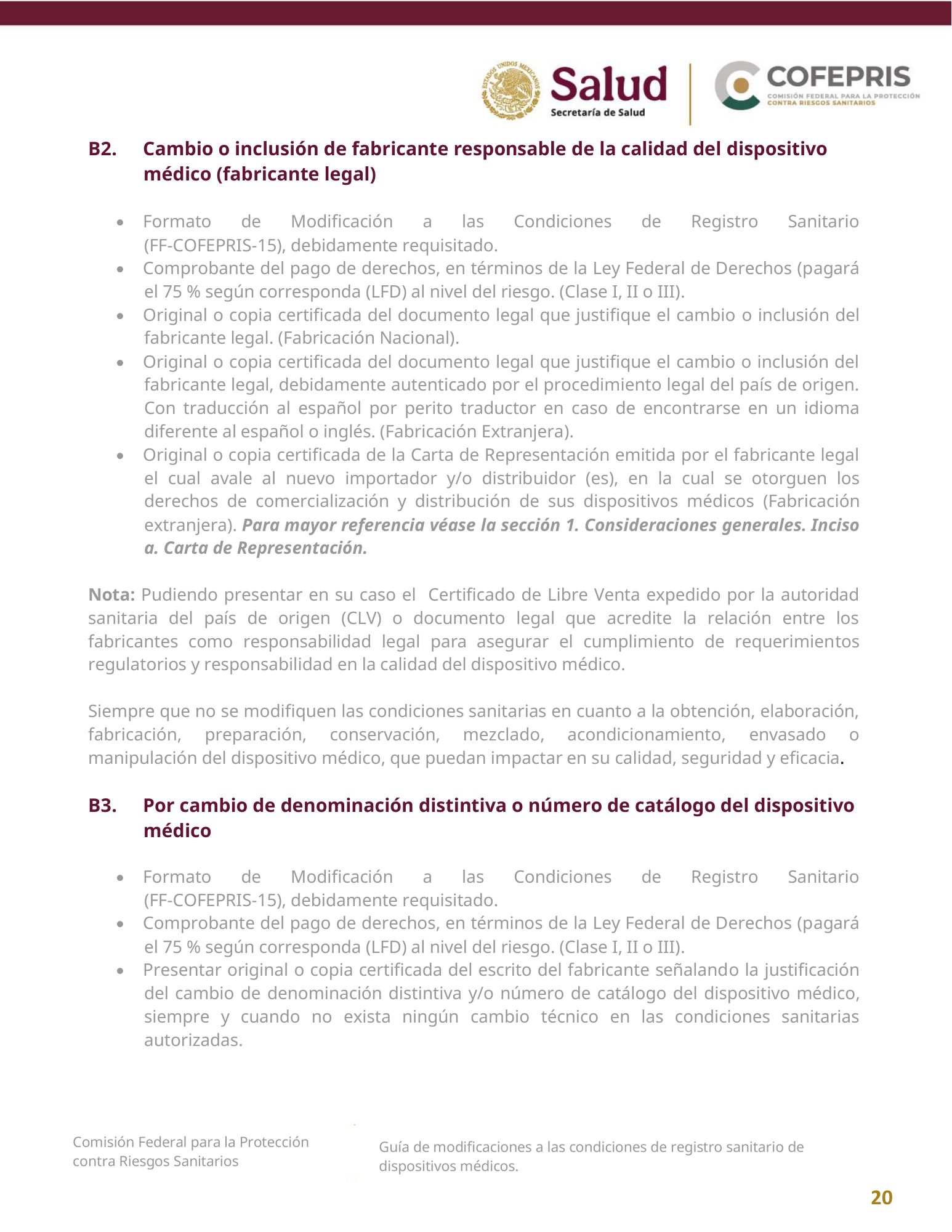 COFEPRIS — Guía de modificaciones de dispositivos médicos, diciembre 2025 — official PDF page 20