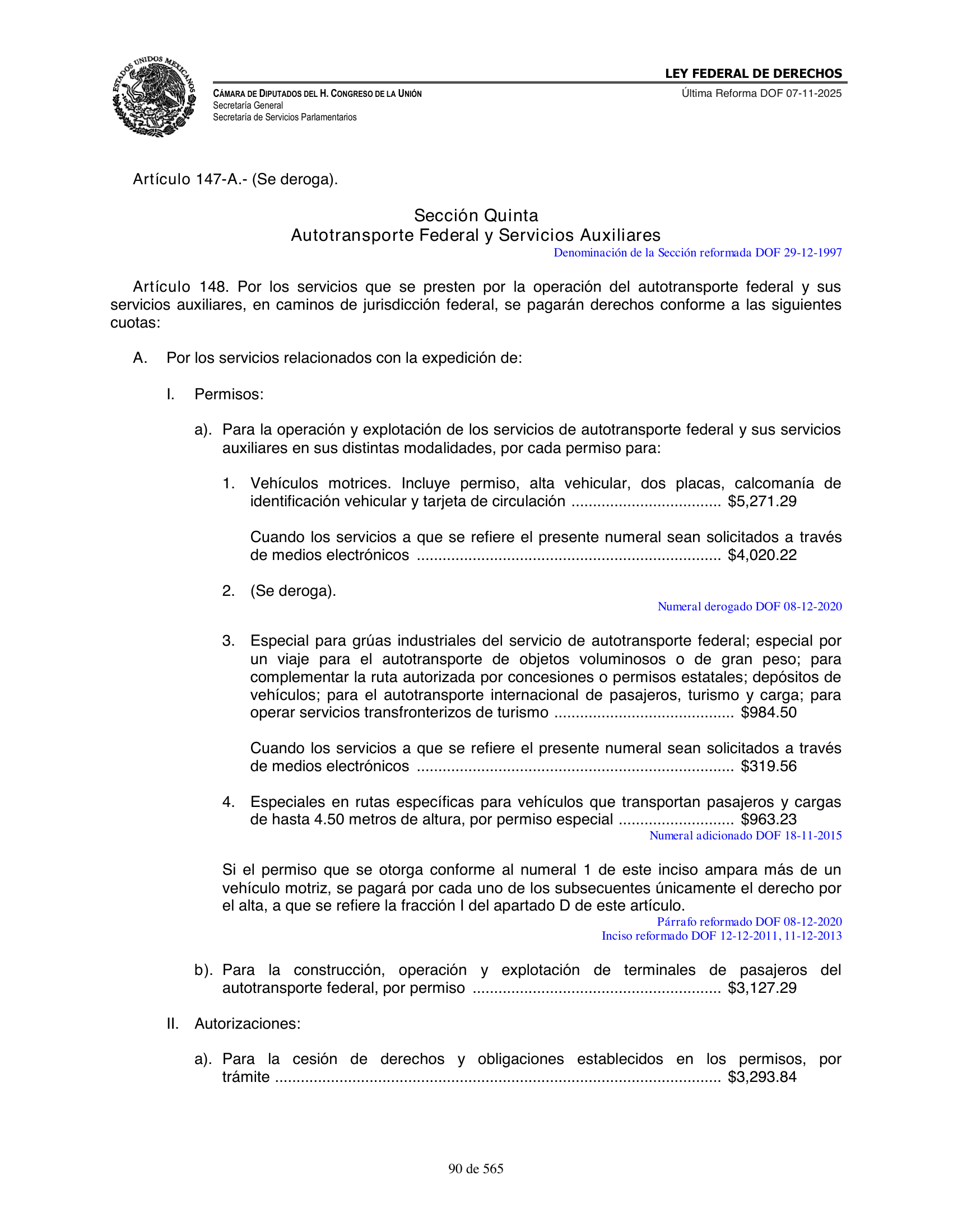 Ley Federal de Derechos — official Chamber compilation — original physical page 90 of 565; complete original page image governs, native search text may be incomplete.